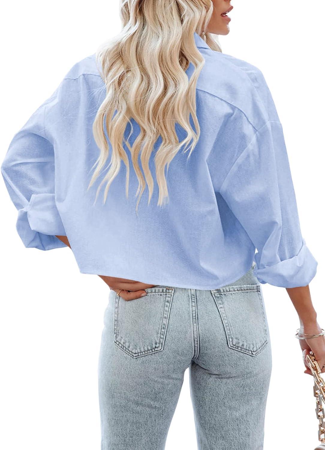 imageTankaneo Womens Button Down Cropped Shirts Long Sleeve Casual Crop Tops Solid Lapel Blouse Shirt with Chest Pocket03light Blue