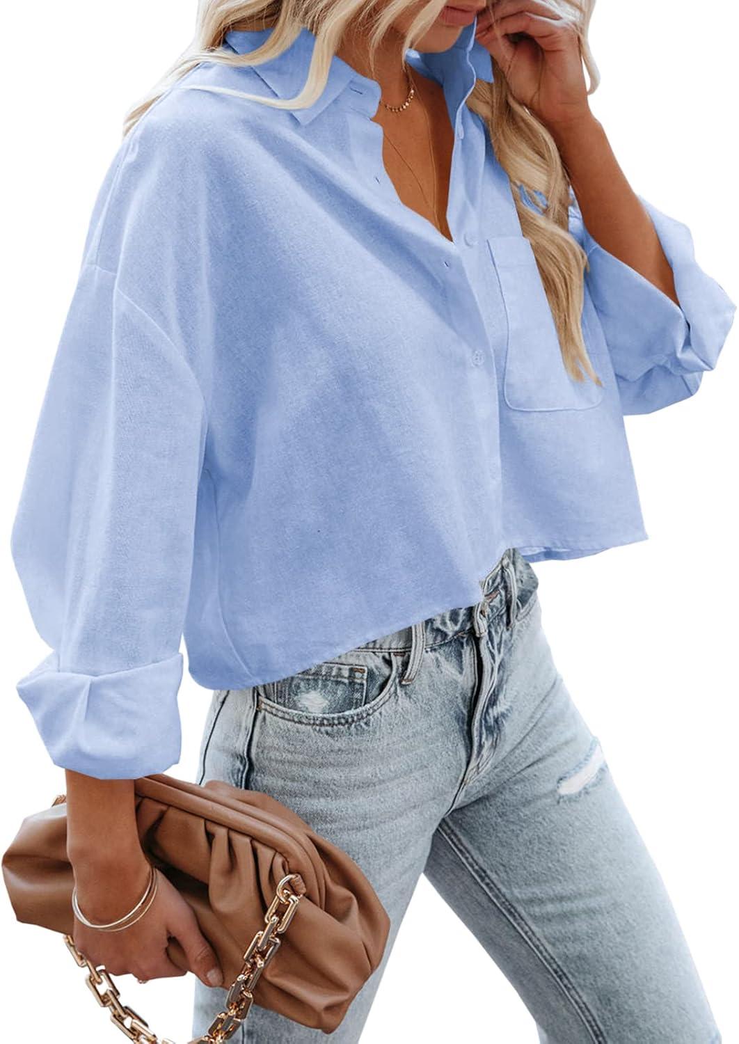 imageTankaneo Womens Button Down Cropped Shirts Long Sleeve Casual Crop Tops Solid Lapel Blouse Shirt with Chest Pocket03light Blue