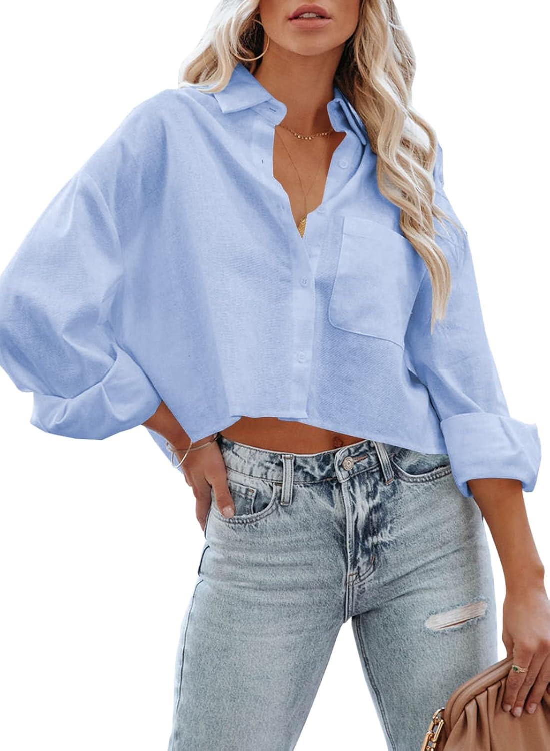 imageTankaneo Womens Button Down Cropped Shirts Long Sleeve Casual Crop Tops Solid Lapel Blouse Shirt with Chest Pocket03light Blue