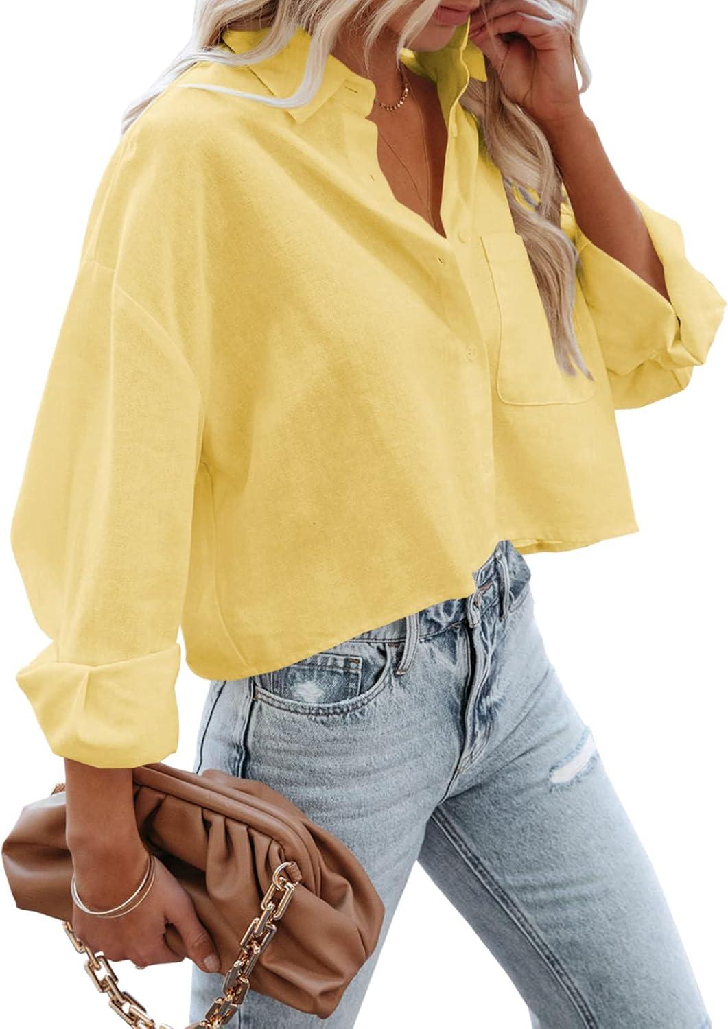 imageTankaneo Womens Button Down Cropped Shirts Long Sleeve Casual Crop Tops Solid Lapel Blouse Shirt with Chest Pocket05yellow