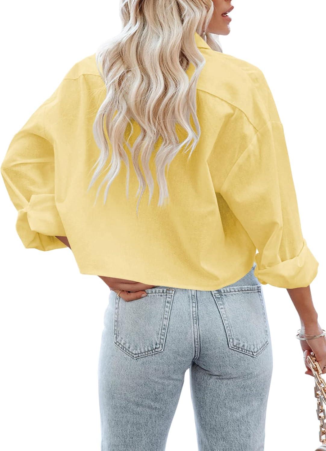 imageTankaneo Womens Button Down Cropped Shirts Long Sleeve Casual Crop Tops Solid Lapel Blouse Shirt with Chest Pocket05yellow