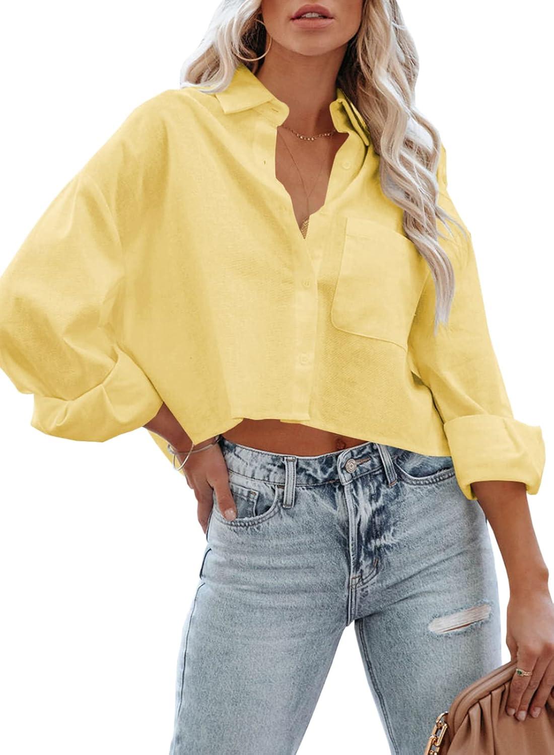 imageTankaneo Womens Button Down Cropped Shirts Long Sleeve Casual Crop Tops Solid Lapel Blouse Shirt with Chest Pocket05yellow