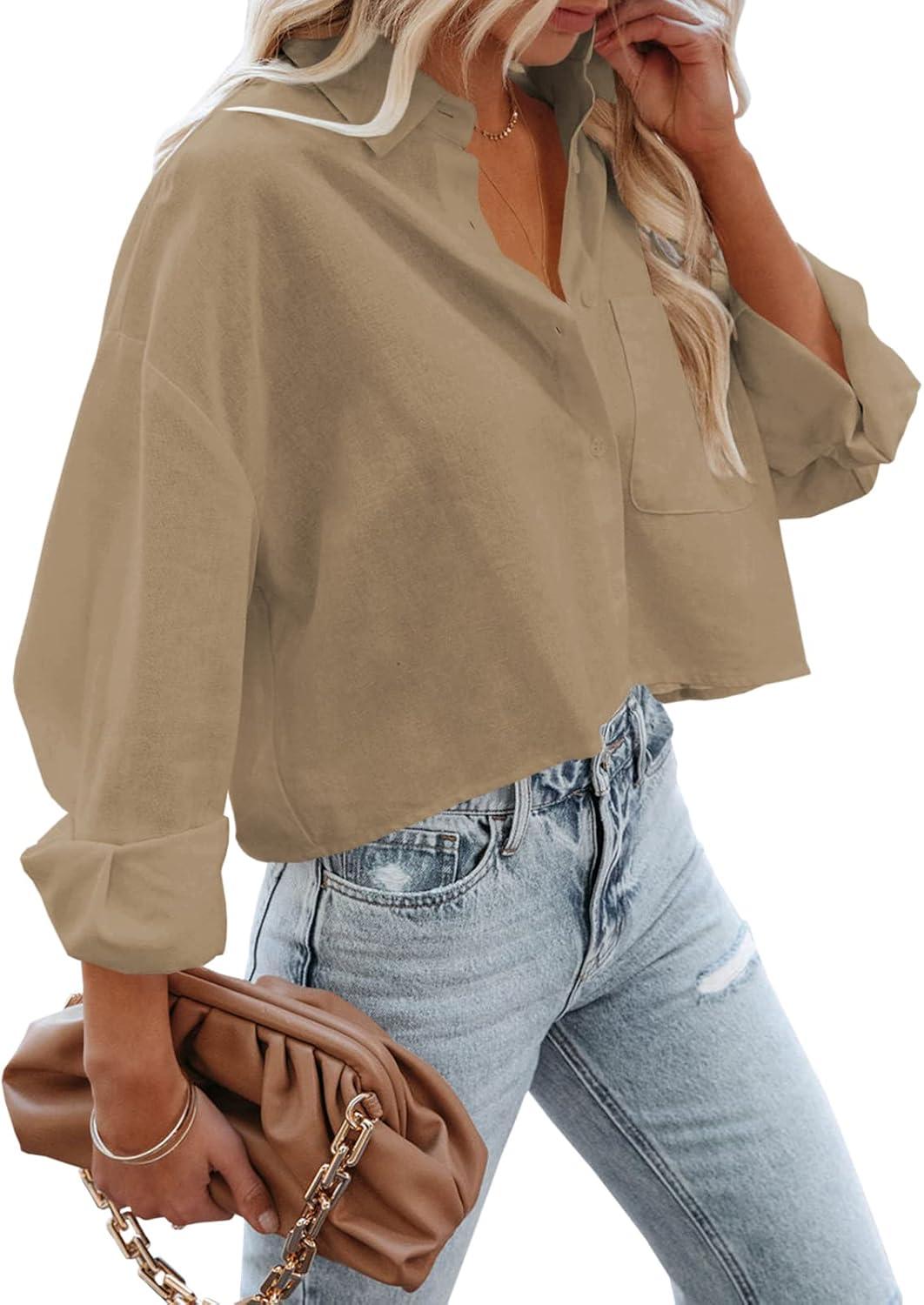 imageTankaneo Womens Button Down Cropped Shirts Long Sleeve Casual Crop Tops Solid Lapel Blouse Shirt with Chest Pocket07khaki
