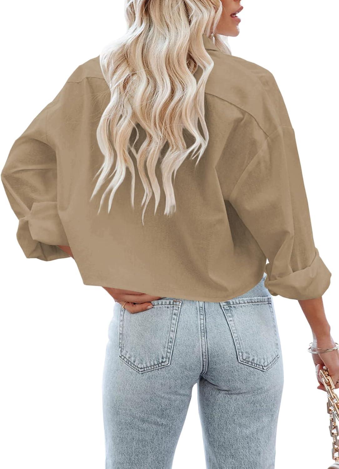 imageTankaneo Womens Button Down Cropped Shirts Long Sleeve Casual Crop Tops Solid Lapel Blouse Shirt with Chest Pocket07khaki