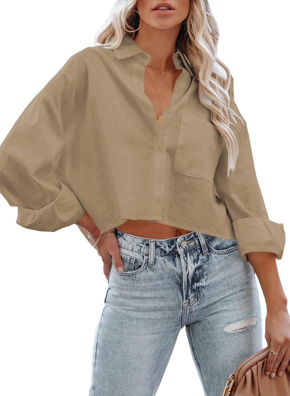 imageTankaneo Womens Button Down Cropped Shirts Long Sleeve Casual Crop Tops Solid Lapel Blouse Shirt with Chest Pocket07khaki