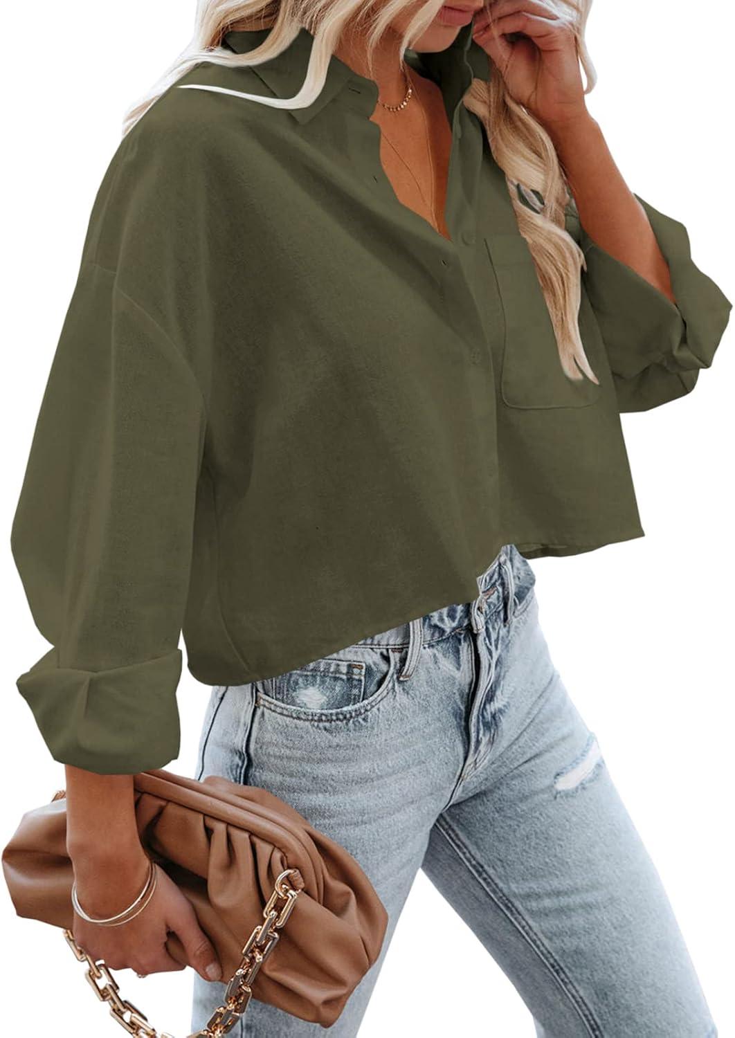 imageTankaneo Womens Button Down Cropped Shirts Long Sleeve Casual Crop Tops Solid Lapel Blouse Shirt with Chest Pocket08army Green