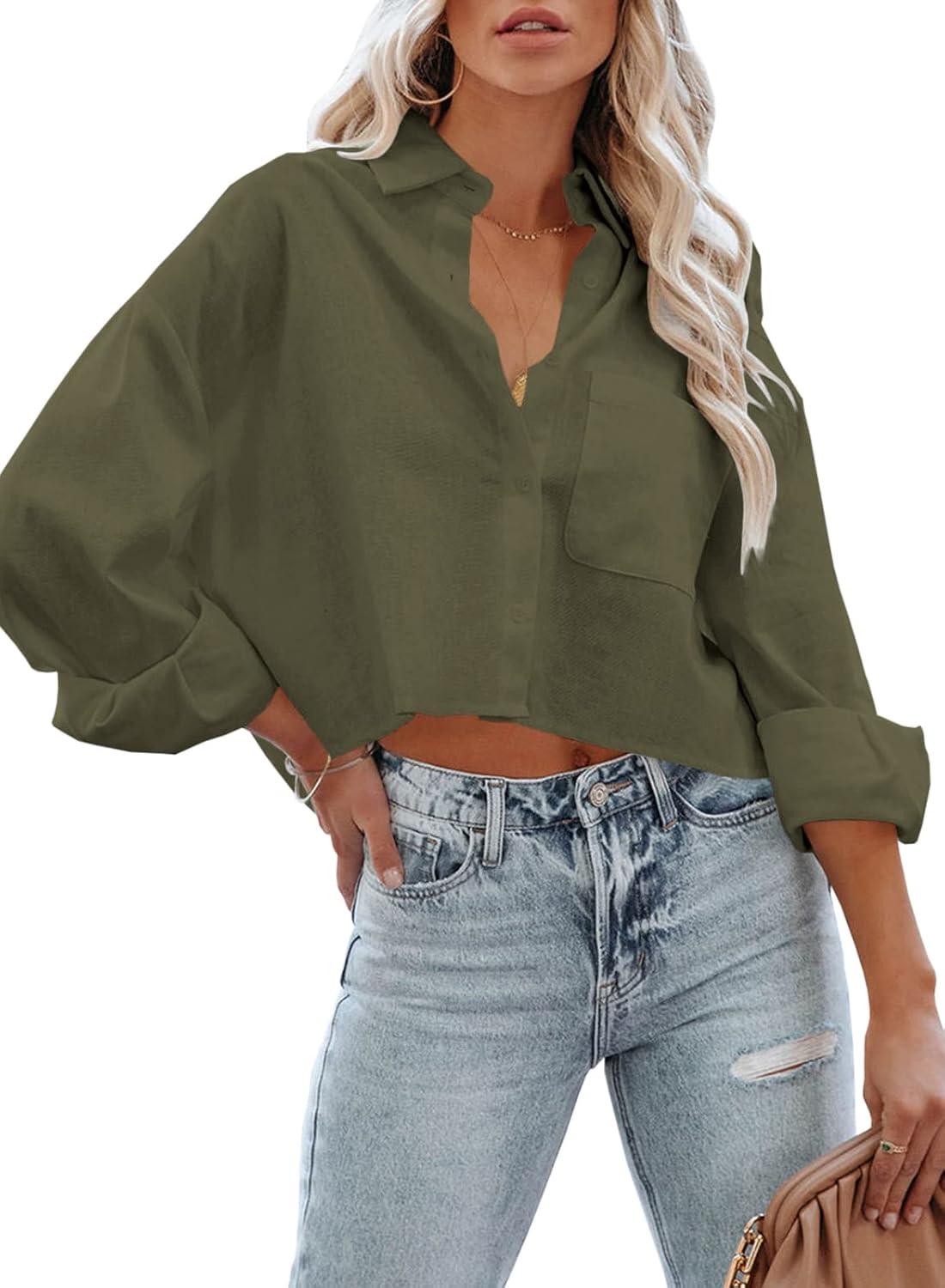 imageTankaneo Womens Button Down Cropped Shirts Long Sleeve Casual Crop Tops Solid Lapel Blouse Shirt with Chest Pocket08army Green