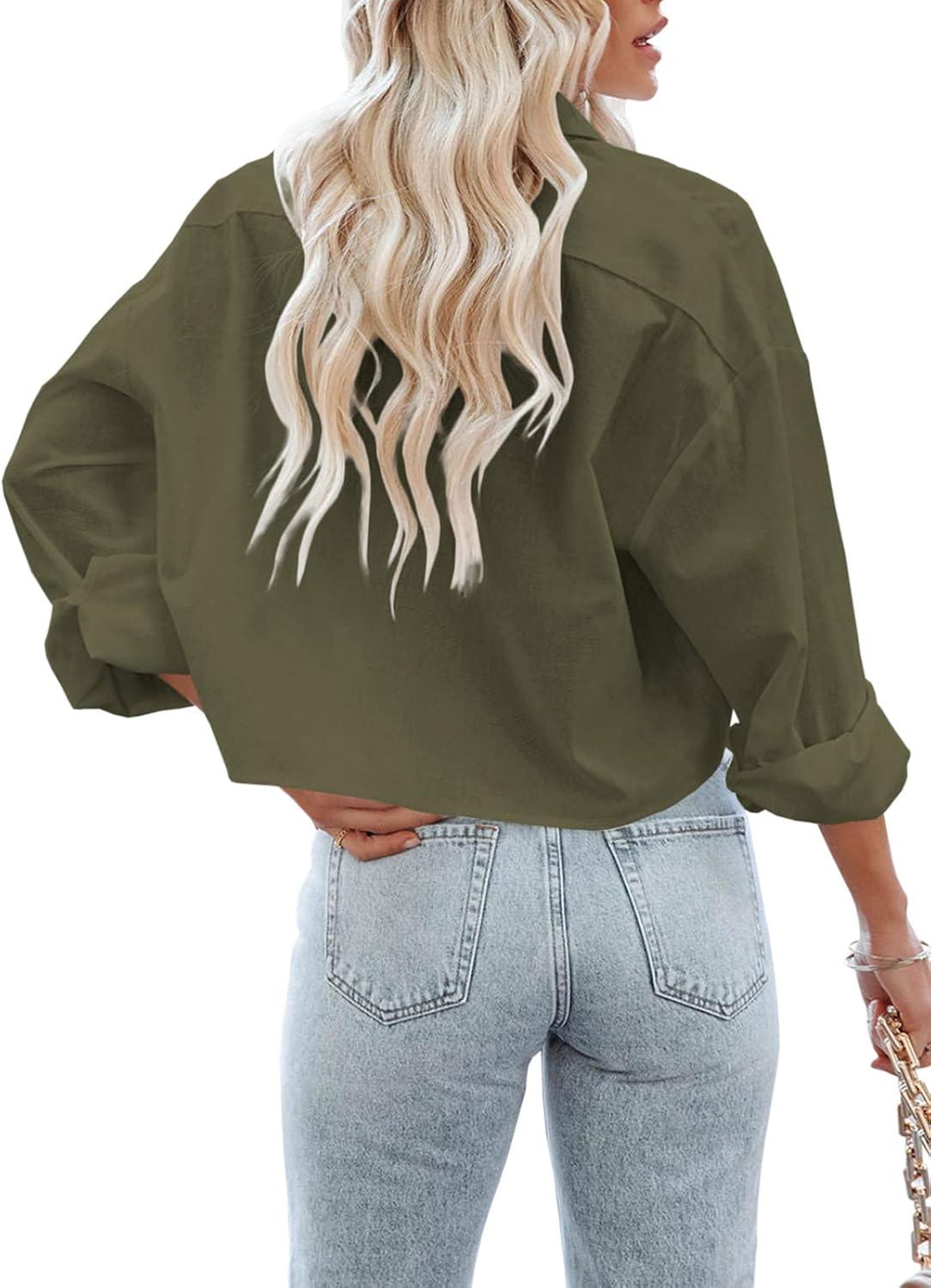 imageTankaneo Womens Button Down Cropped Shirts Long Sleeve Casual Crop Tops Solid Lapel Blouse Shirt with Chest Pocket08army Green