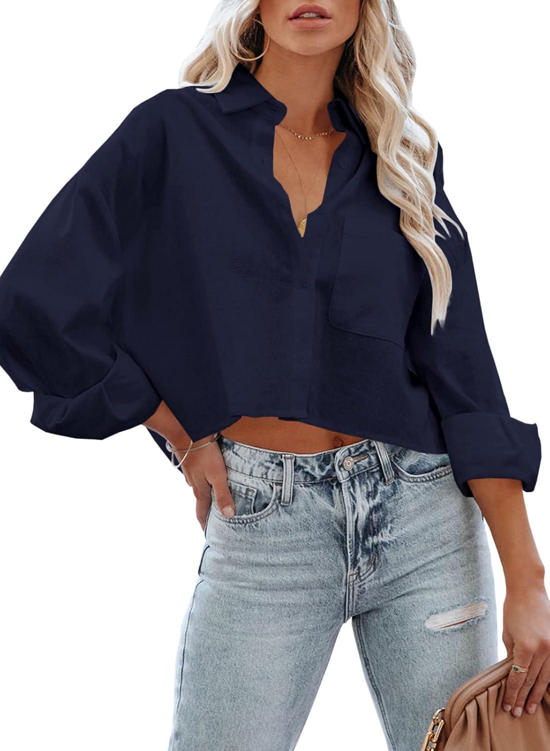 imageTankaneo Womens Button Down Cropped Shirts Long Sleeve Casual Crop Tops Solid Lapel Blouse Shirt with Chest Pocket10navy Blue