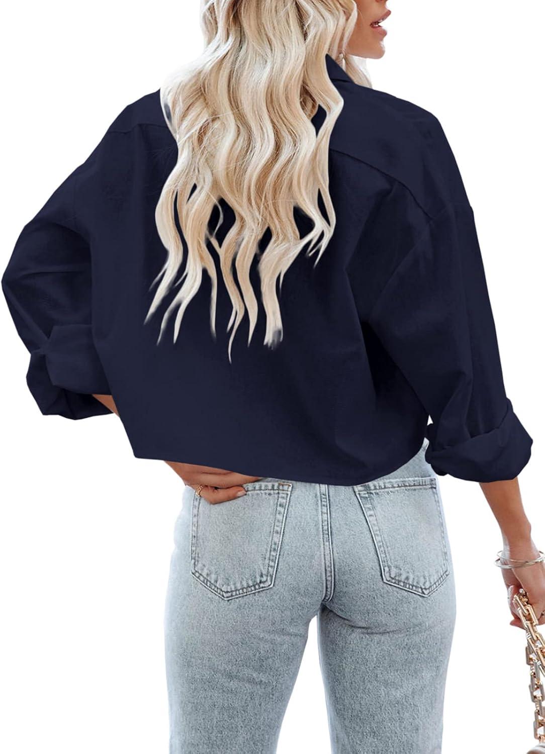 imageTankaneo Womens Button Down Cropped Shirts Long Sleeve Casual Crop Tops Solid Lapel Blouse Shirt with Chest Pocket10navy Blue