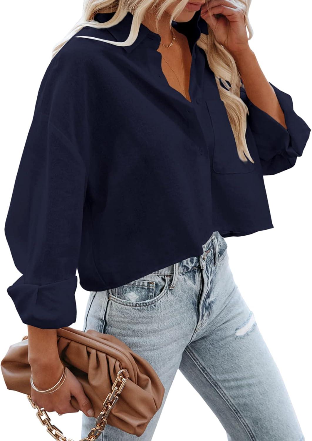 imageTankaneo Womens Button Down Cropped Shirts Long Sleeve Casual Crop Tops Solid Lapel Blouse Shirt with Chest Pocket10navy Blue