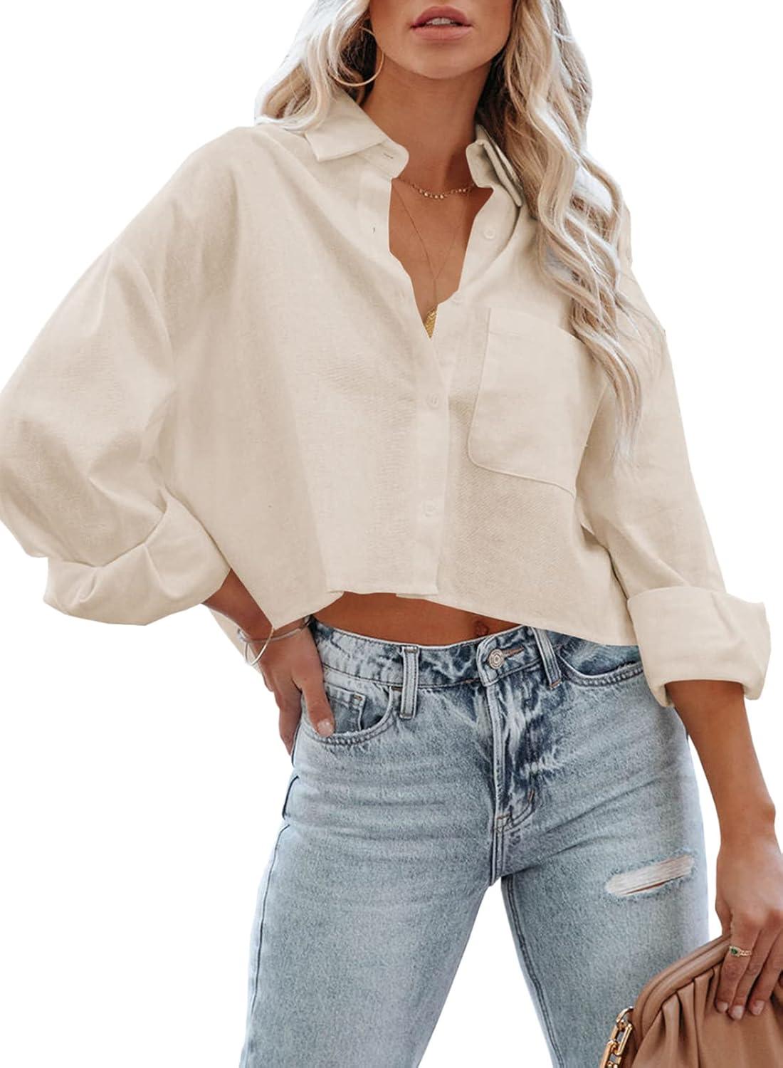 imageTankaneo Womens Button Down Cropped Shirts Long Sleeve Casual Crop Tops Solid Lapel Blouse Shirt with Chest Pocket11beige