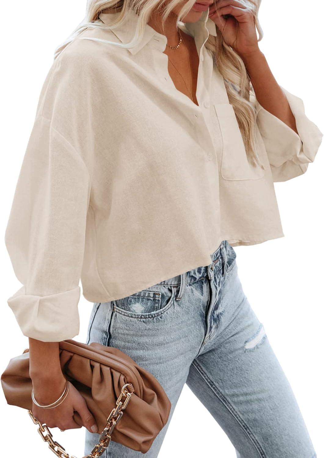 imageTankaneo Womens Button Down Cropped Shirts Long Sleeve Casual Crop Tops Solid Lapel Blouse Shirt with Chest Pocket11beige