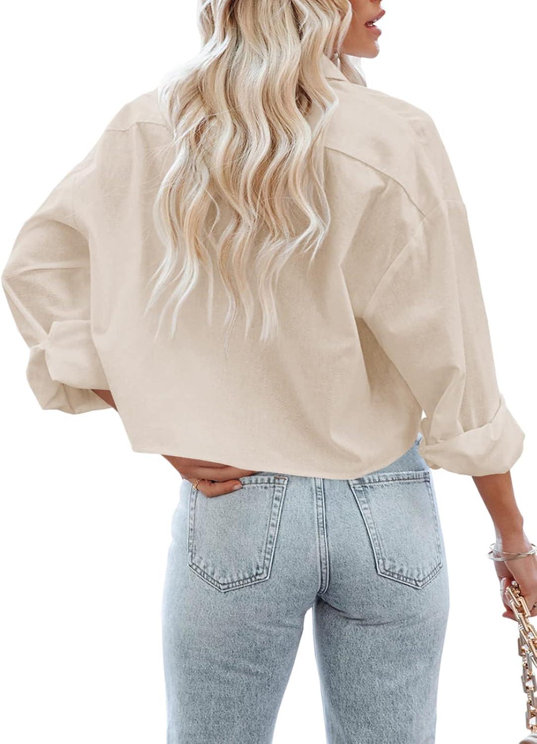 imageTankaneo Womens Button Down Cropped Shirts Long Sleeve Casual Crop Tops Solid Lapel Blouse Shirt with Chest Pocket11beige