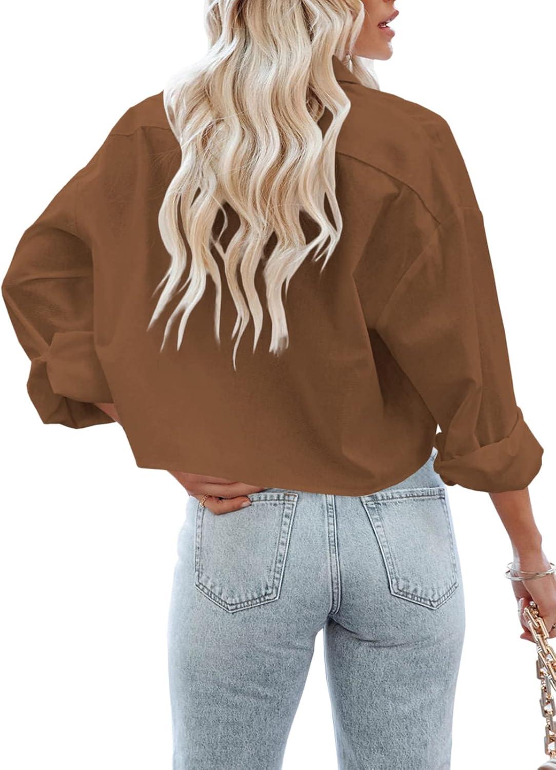 imageTankaneo Womens Button Down Cropped Shirts Long Sleeve Casual Crop Tops Solid Lapel Blouse Shirt with Chest Pocket13brown