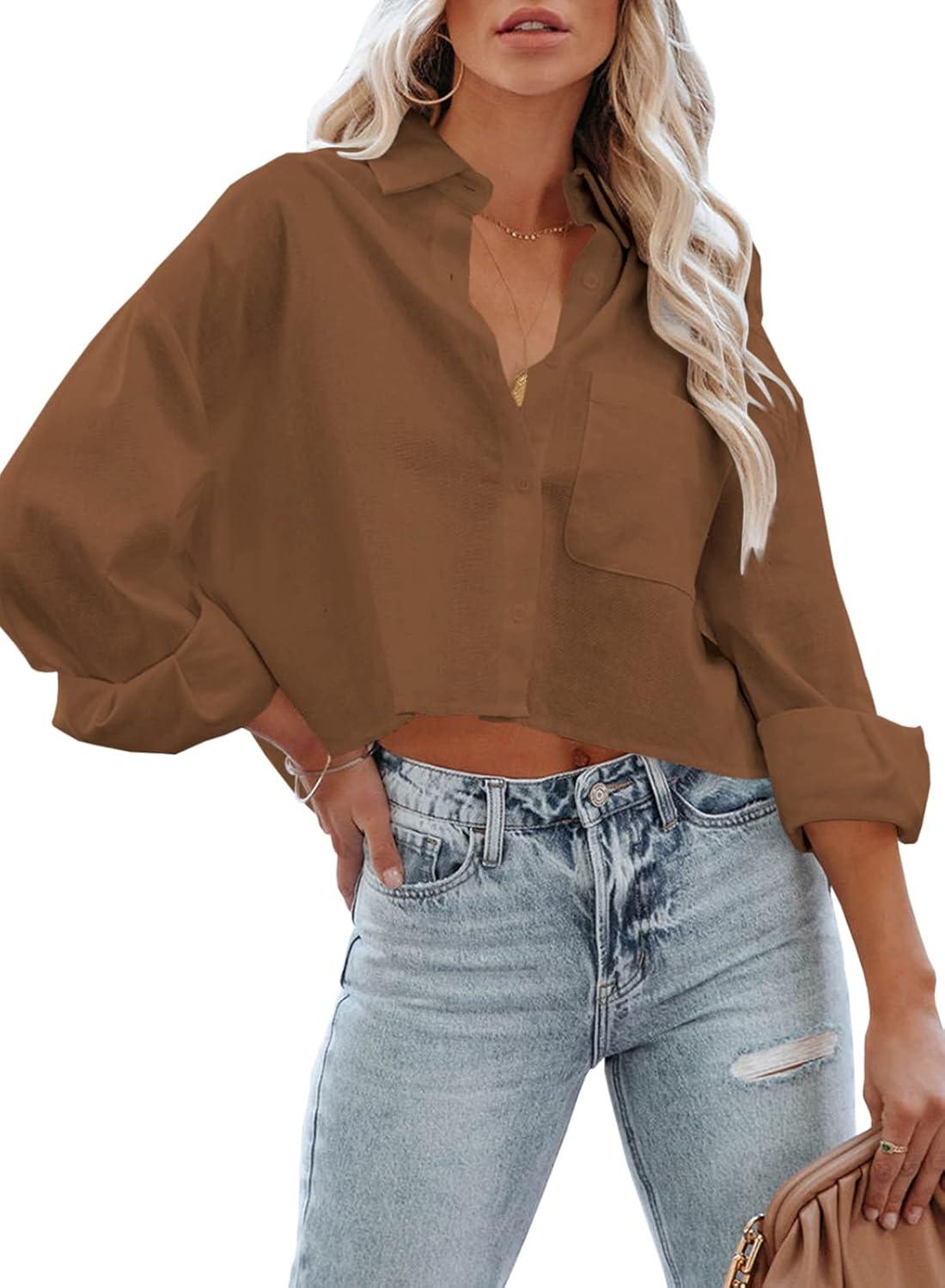 imageTankaneo Womens Button Down Cropped Shirts Long Sleeve Casual Crop Tops Solid Lapel Blouse Shirt with Chest Pocket13brown