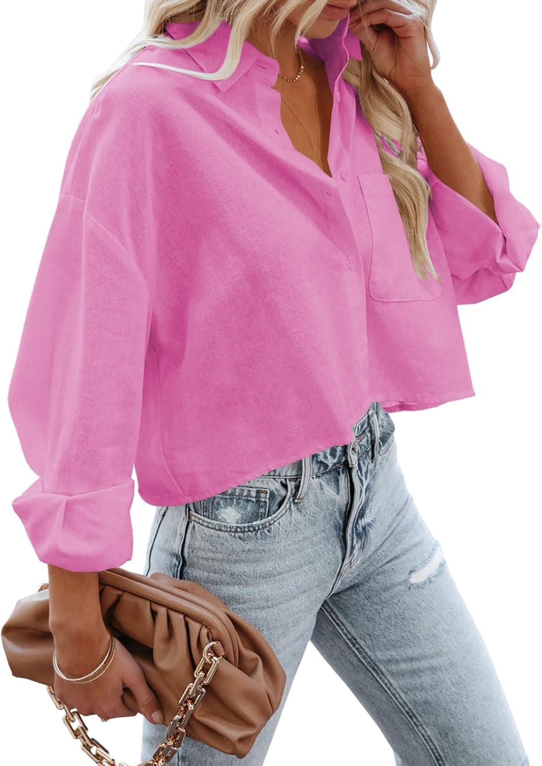 imageTankaneo Womens Button Down Cropped Shirts Long Sleeve Casual Crop Tops Solid Lapel Blouse Shirt with Chest Pocket14rose Red