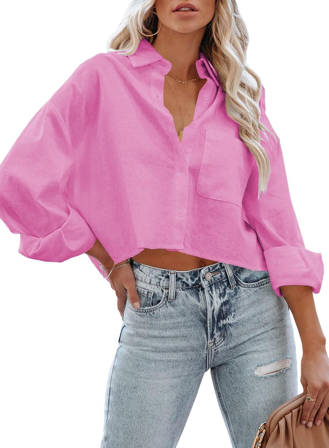 imageTankaneo Womens Button Down Cropped Shirts Long Sleeve Casual Crop Tops Solid Lapel Blouse Shirt with Chest Pocket14rose Red