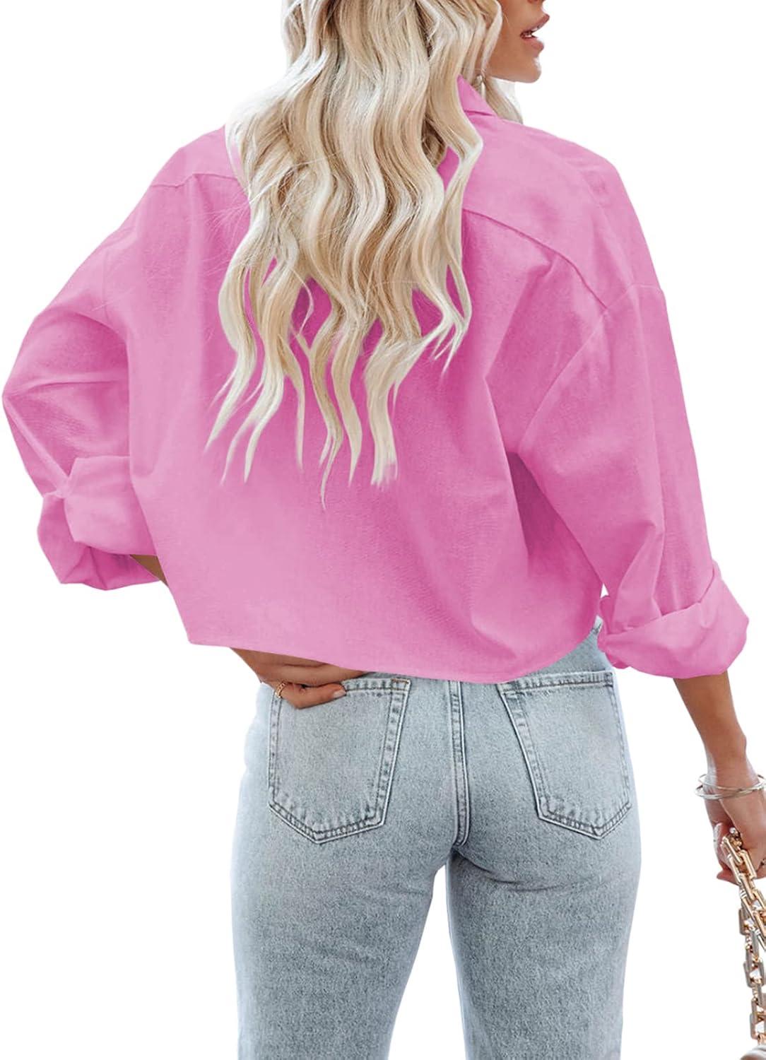 imageTankaneo Womens Button Down Cropped Shirts Long Sleeve Casual Crop Tops Solid Lapel Blouse Shirt with Chest Pocket14rose Red