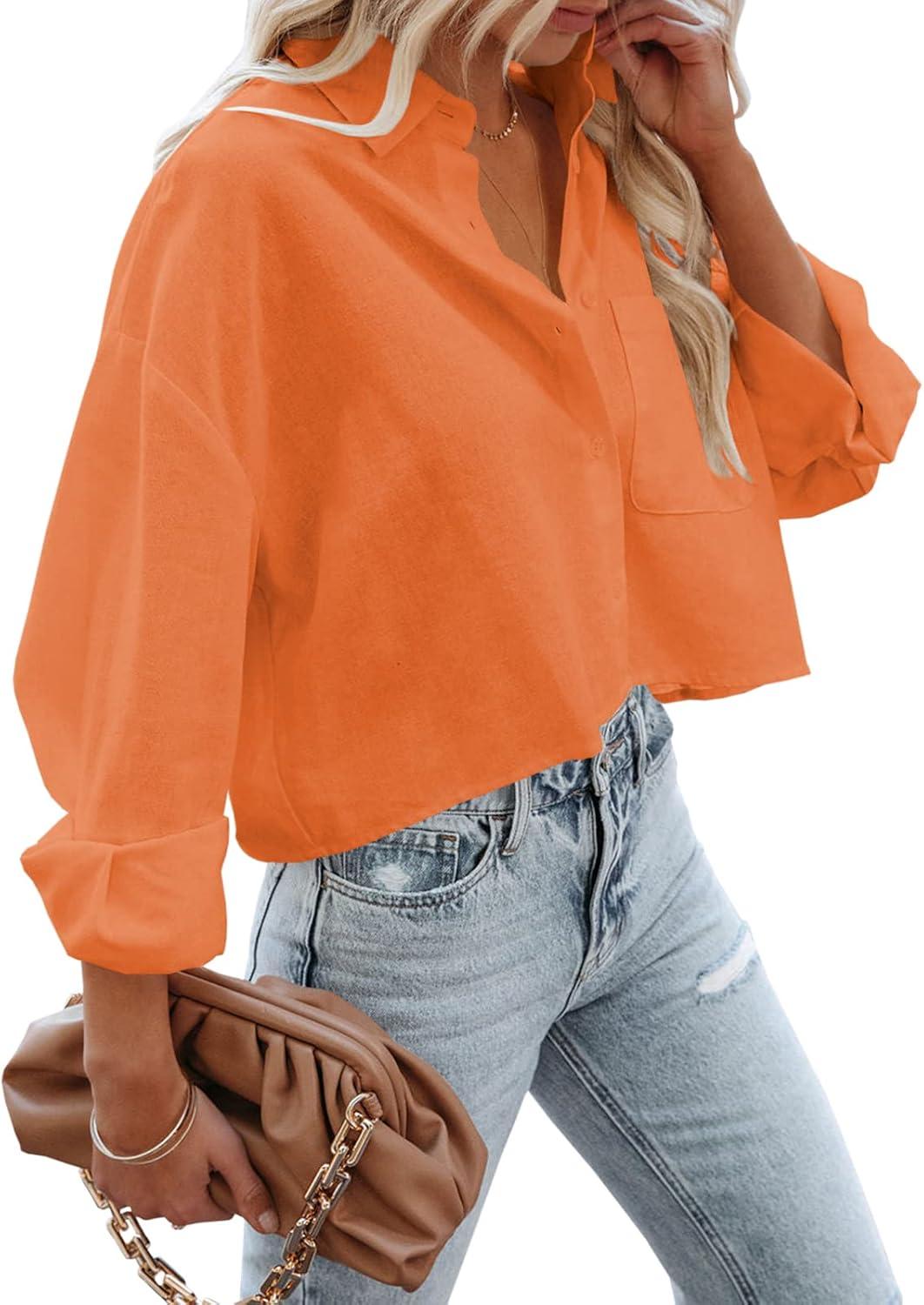imageTankaneo Womens Button Down Cropped Shirts Long Sleeve Casual Crop Tops Solid Lapel Blouse Shirt with Chest Pocket15orange
