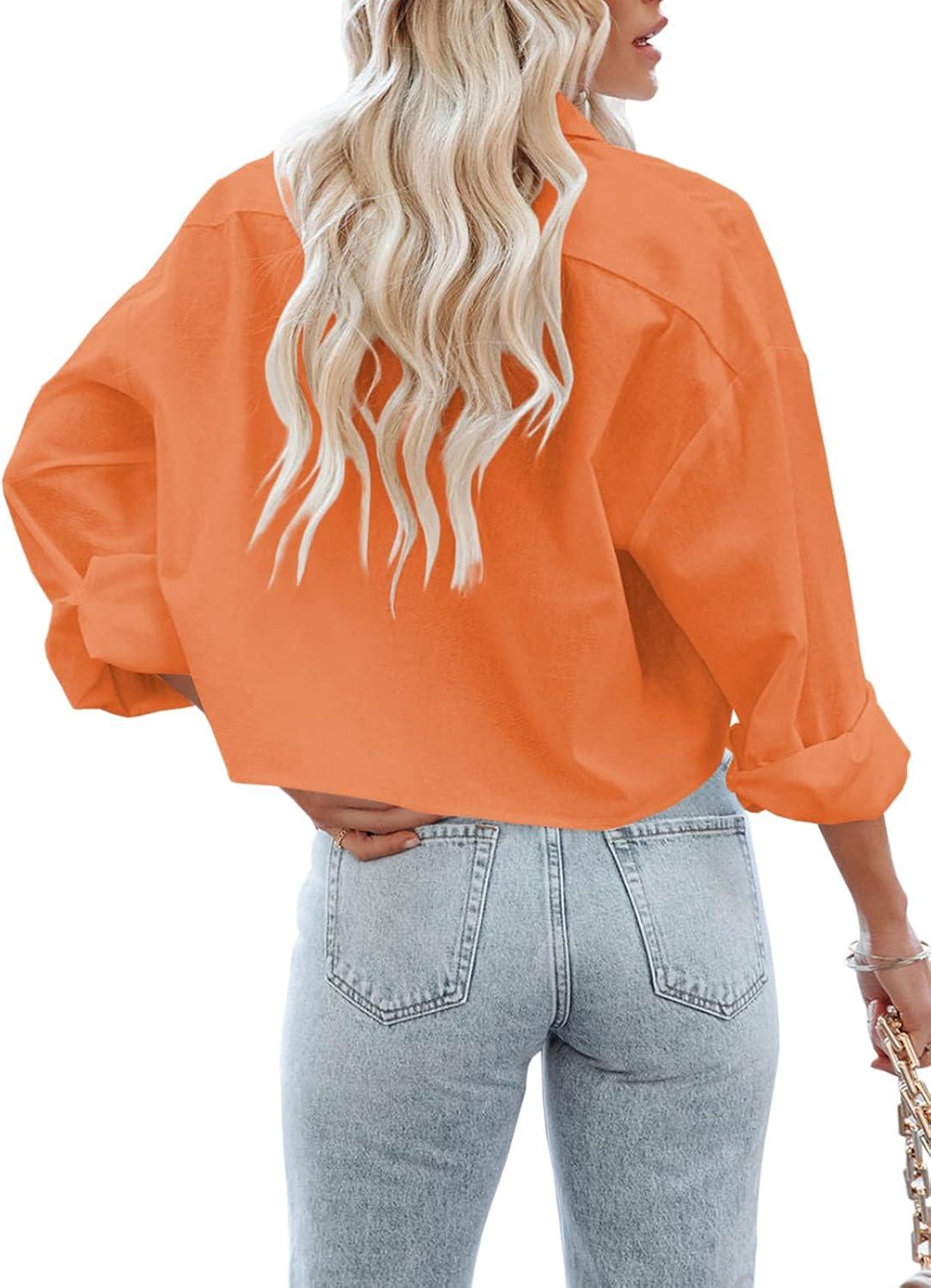 imageTankaneo Womens Button Down Cropped Shirts Long Sleeve Casual Crop Tops Solid Lapel Blouse Shirt with Chest Pocket15orange