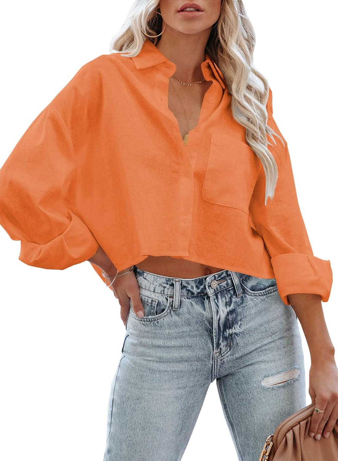 imageTankaneo Womens Button Down Cropped Shirts Long Sleeve Casual Crop Tops Solid Lapel Blouse Shirt with Chest Pocket15orange