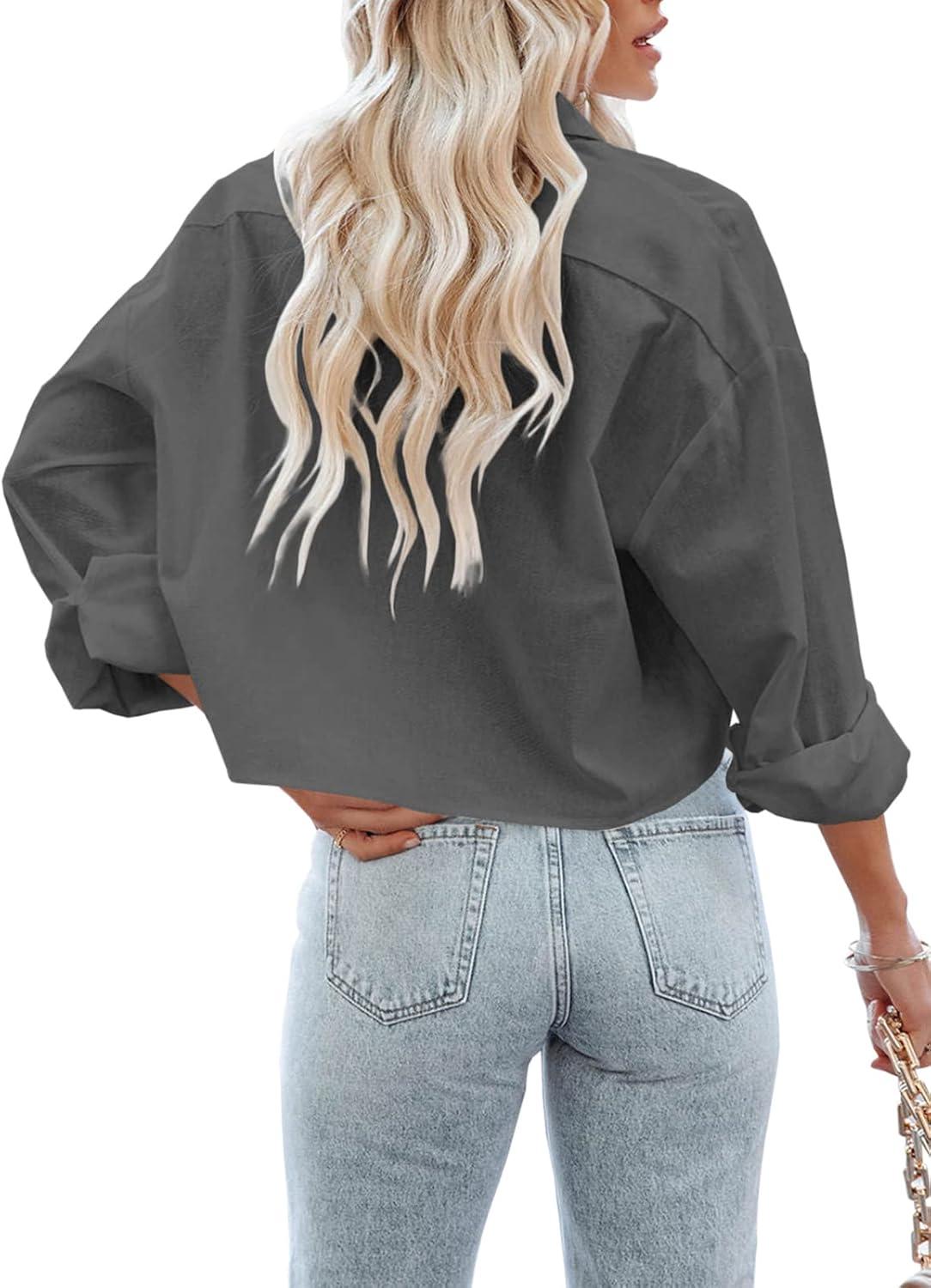 imageTankaneo Womens Button Down Cropped Shirts Long Sleeve Casual Crop Tops Solid Lapel Blouse Shirt with Chest Pocket16dark Gray