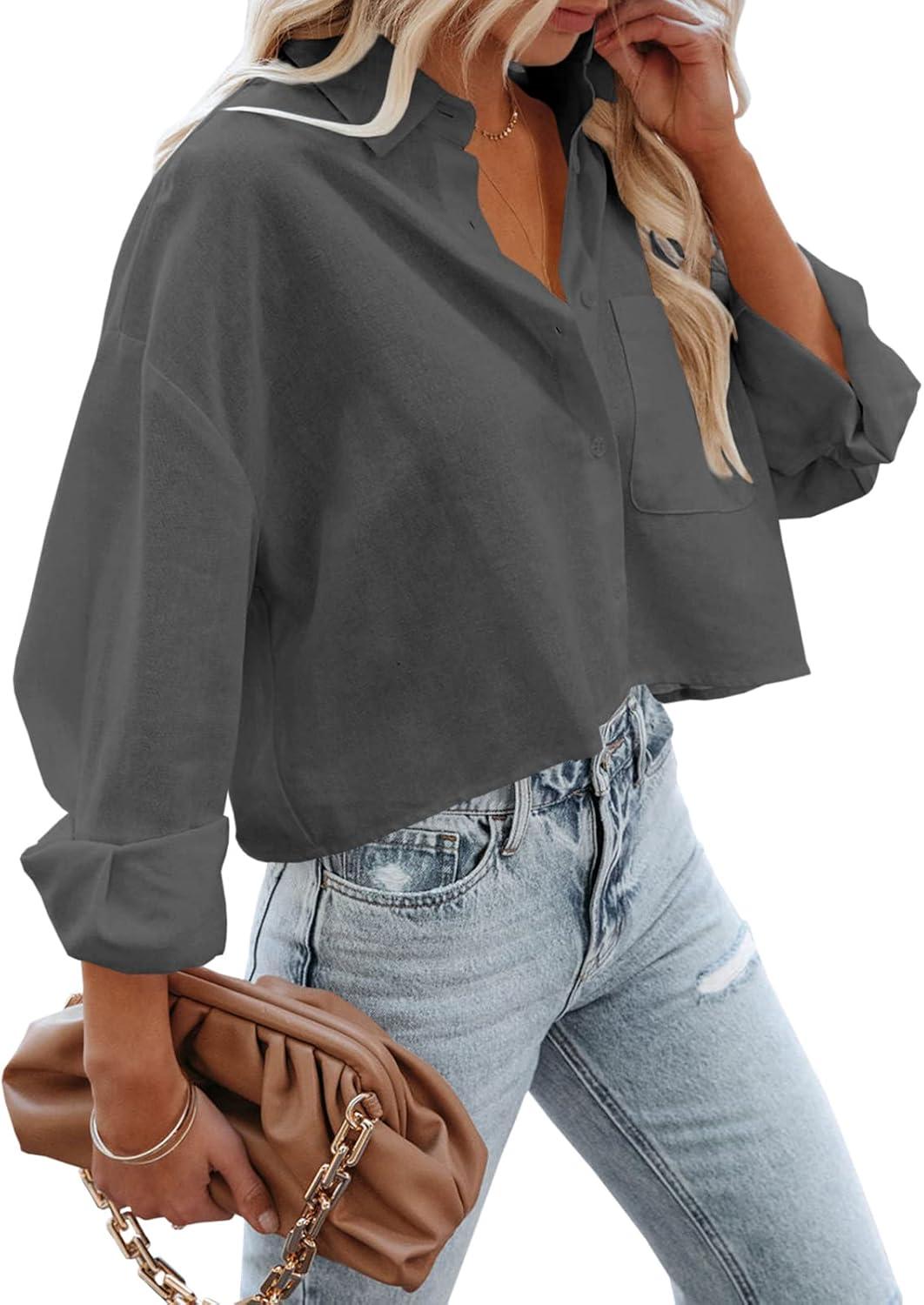 imageTankaneo Womens Button Down Cropped Shirts Long Sleeve Casual Crop Tops Solid Lapel Blouse Shirt with Chest Pocket16dark Gray