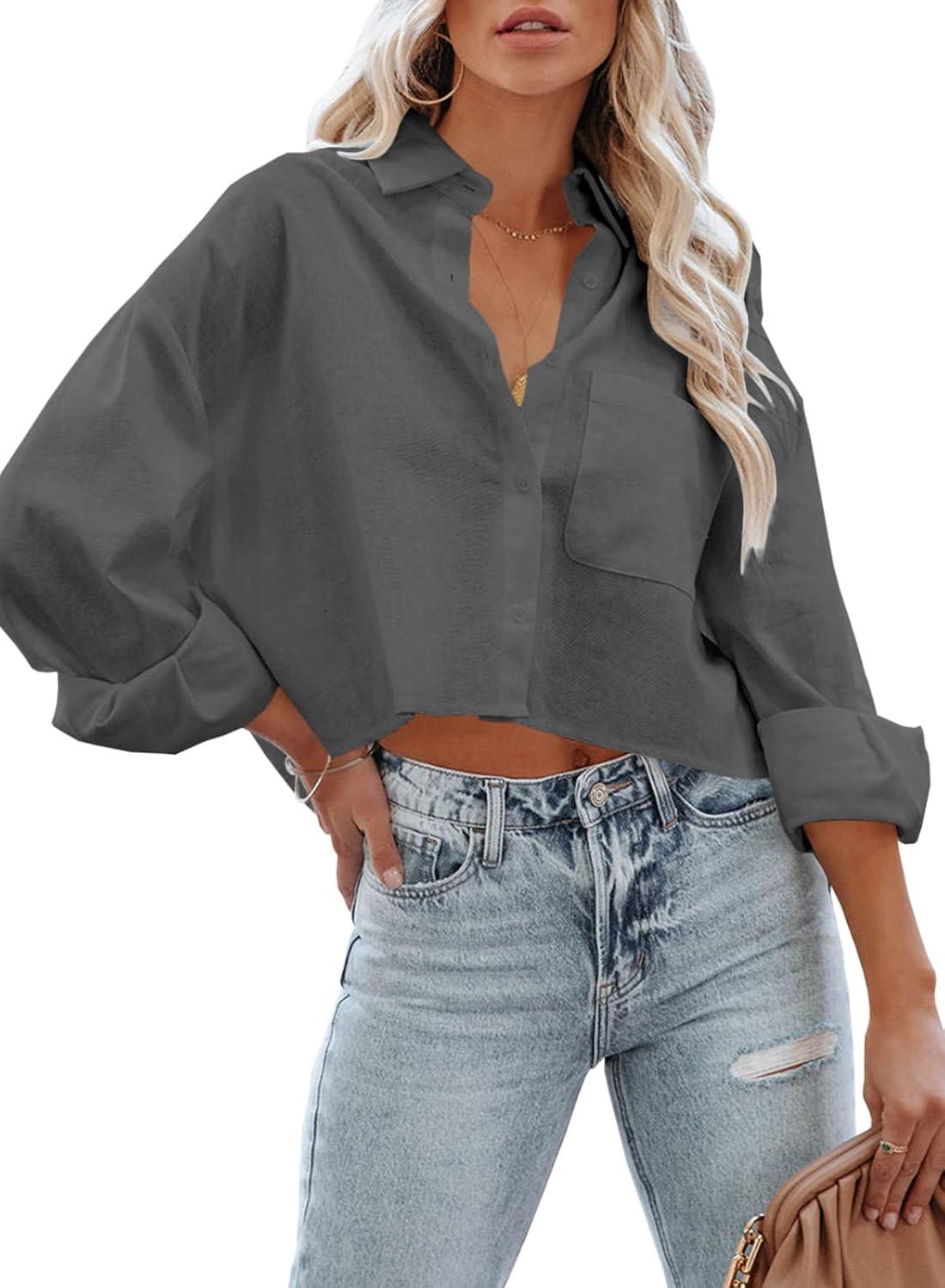 imageTankaneo Womens Button Down Cropped Shirts Long Sleeve Casual Crop Tops Solid Lapel Blouse Shirt with Chest Pocket16dark Gray