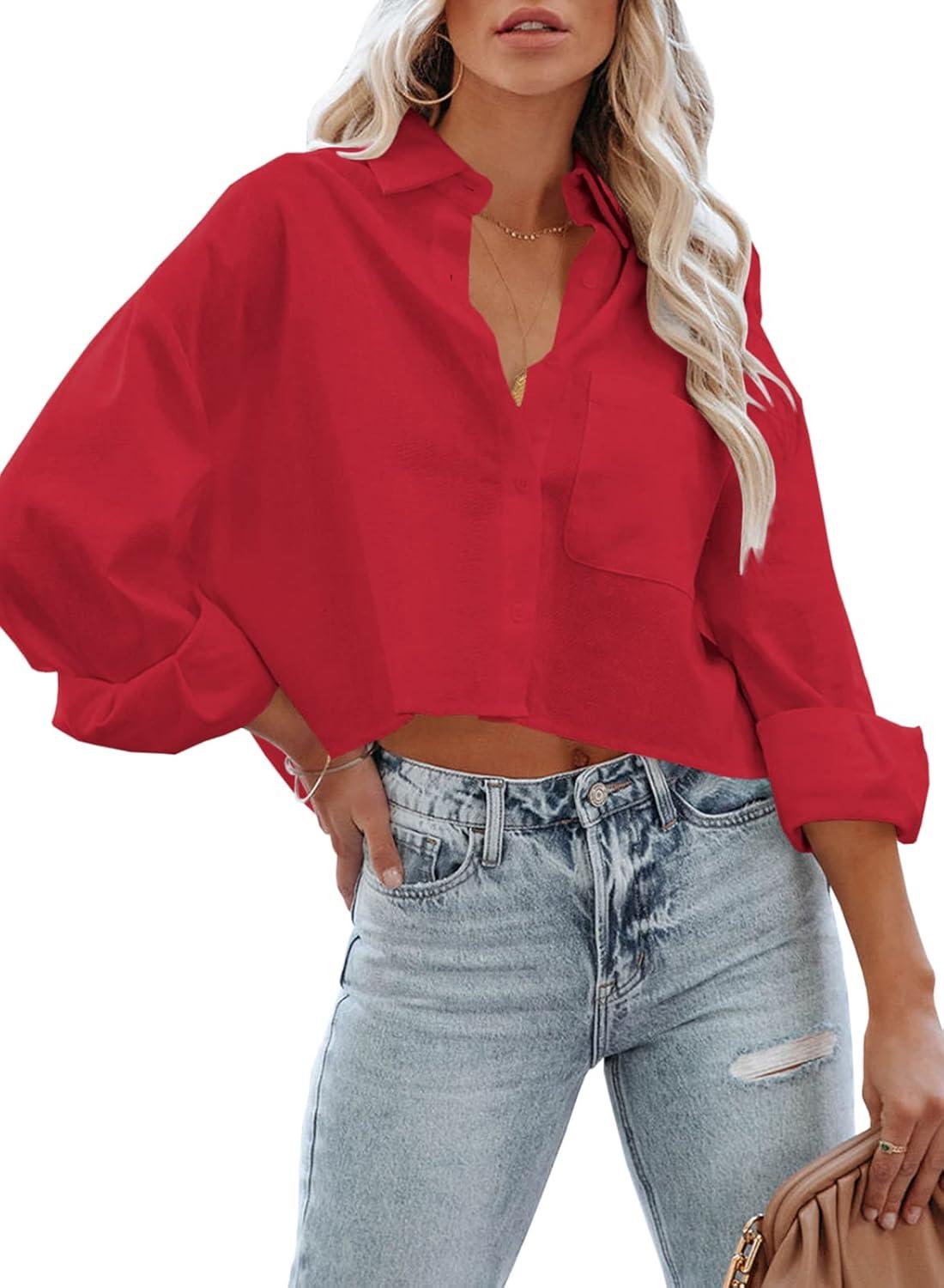 imageTankaneo Womens Button Down Cropped Shirts Long Sleeve Casual Crop Tops Solid Lapel Blouse Shirt with Chest Pocket17red