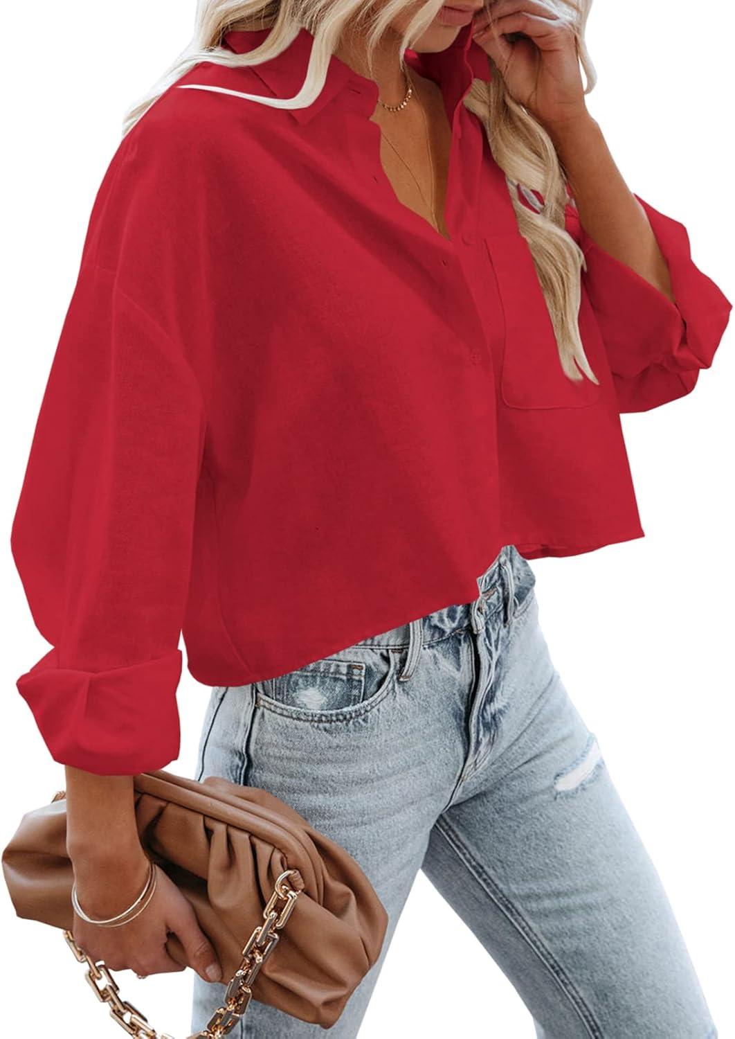 imageTankaneo Womens Button Down Cropped Shirts Long Sleeve Casual Crop Tops Solid Lapel Blouse Shirt with Chest Pocket17red