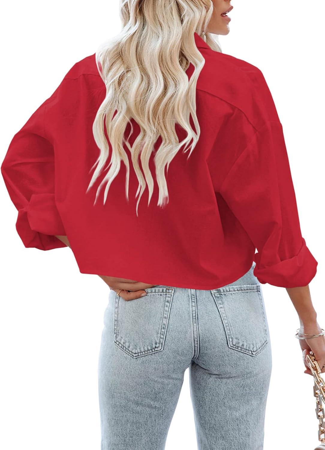imageTankaneo Womens Button Down Cropped Shirts Long Sleeve Casual Crop Tops Solid Lapel Blouse Shirt with Chest Pocket17red
