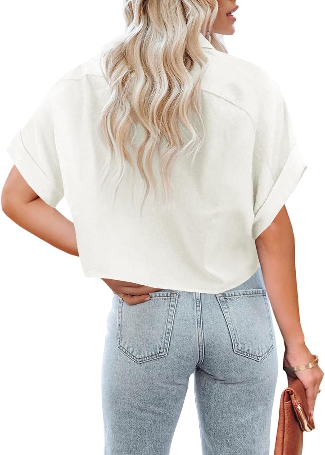 imageTankaneo Womens Button Down Cropped Shirts Long Sleeve Casual Crop Tops Solid Lapel Blouse Shirt with Chest Pocket18white
