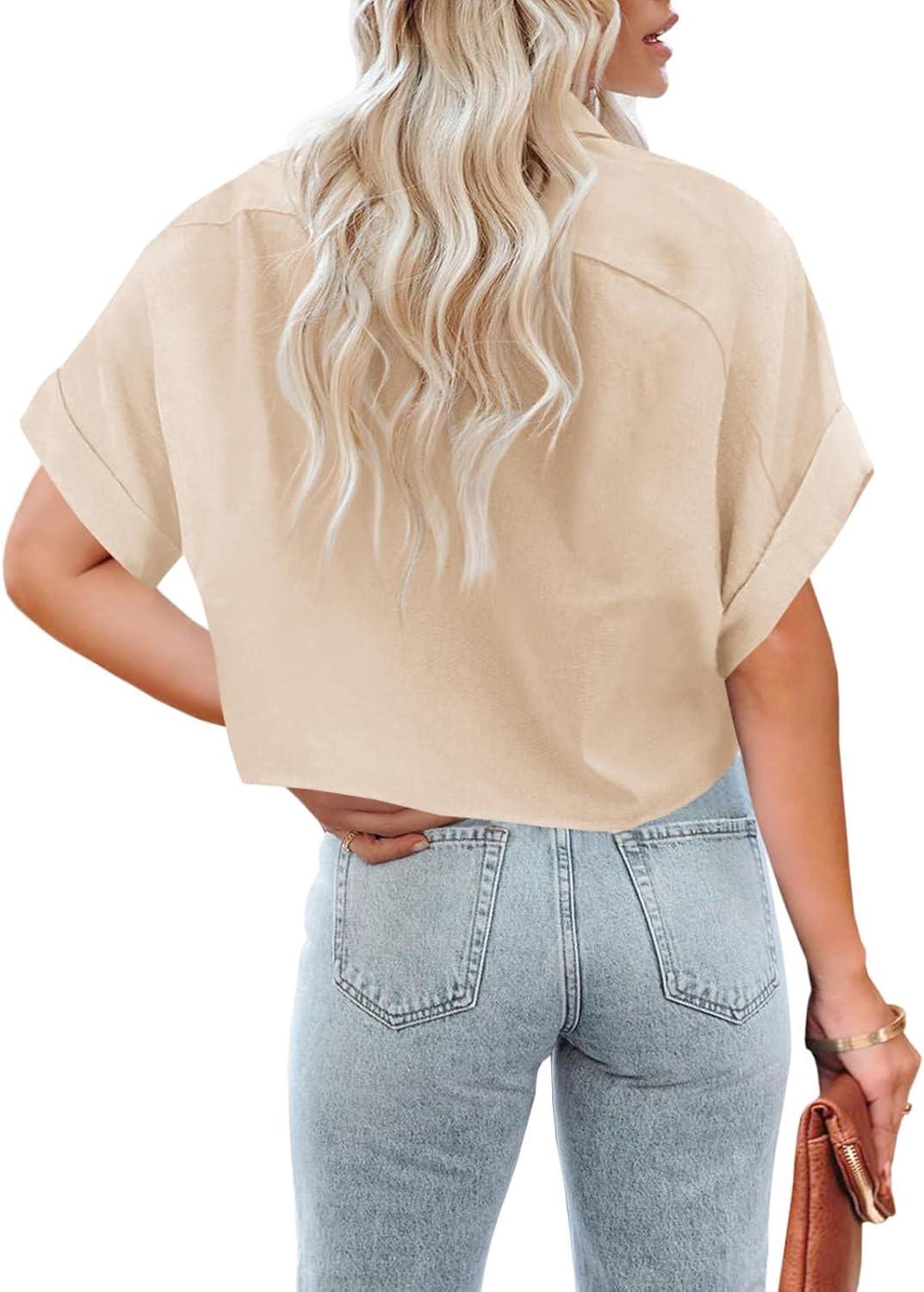 imageTankaneo Womens Button Down Cropped Shirts Long Sleeve Casual Crop Tops Solid Lapel Blouse Shirt with Chest Pocket22beige