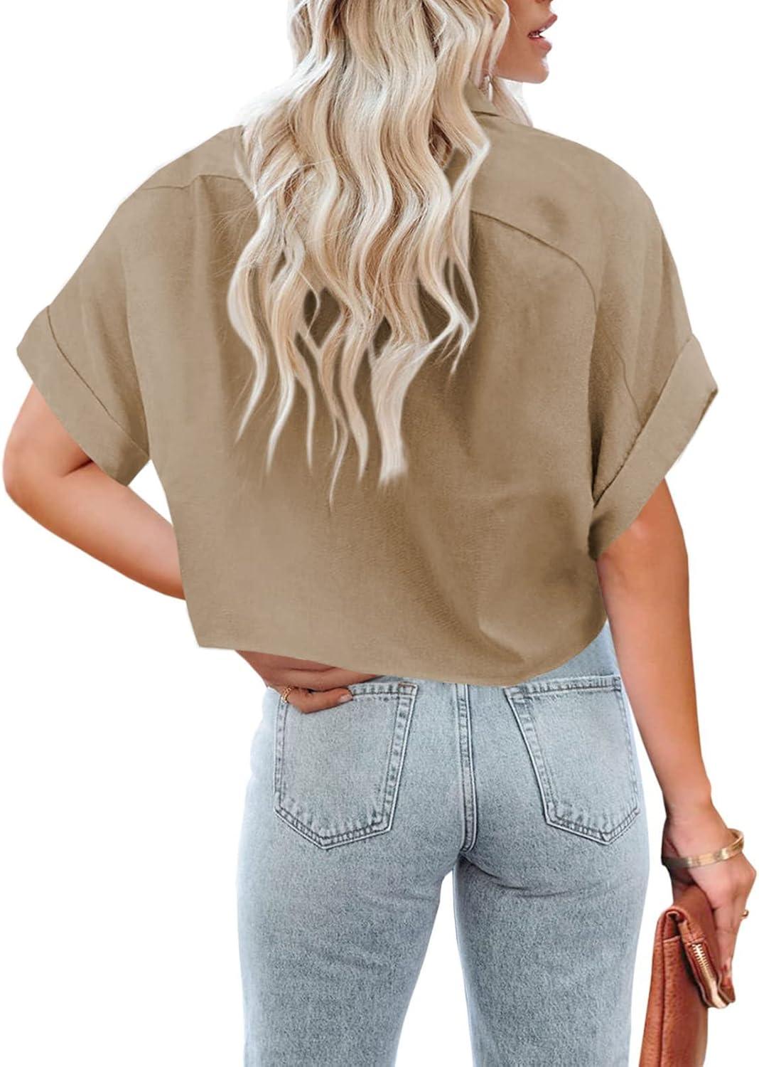 imageTankaneo Womens Button Down Cropped Shirts Long Sleeve Casual Crop Tops Solid Lapel Blouse Shirt with Chest Pocket23khaki