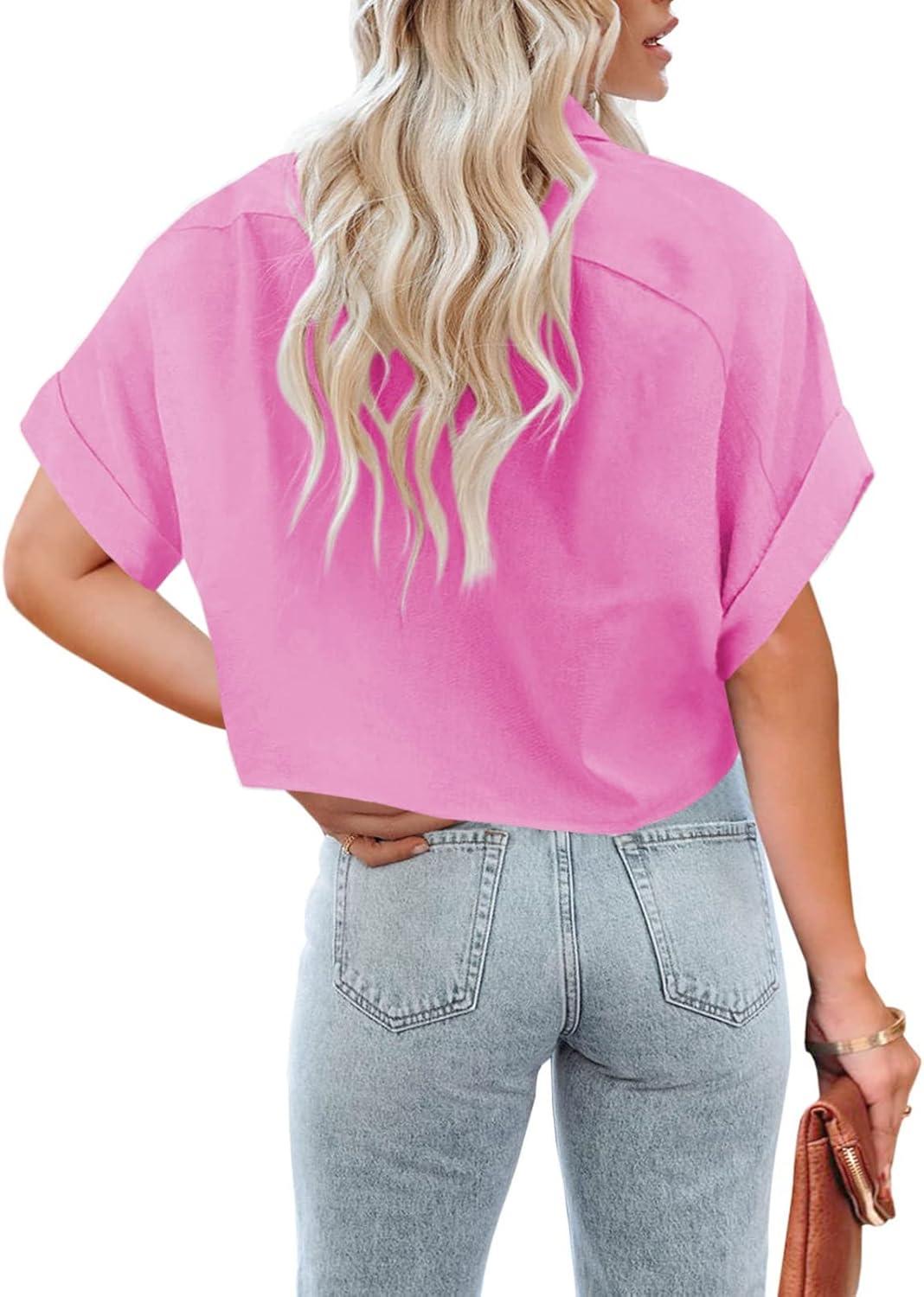 imageTankaneo Womens Button Down Cropped Shirts Long Sleeve Casual Crop Tops Solid Lapel Blouse Shirt with Chest Pocket24rose Red