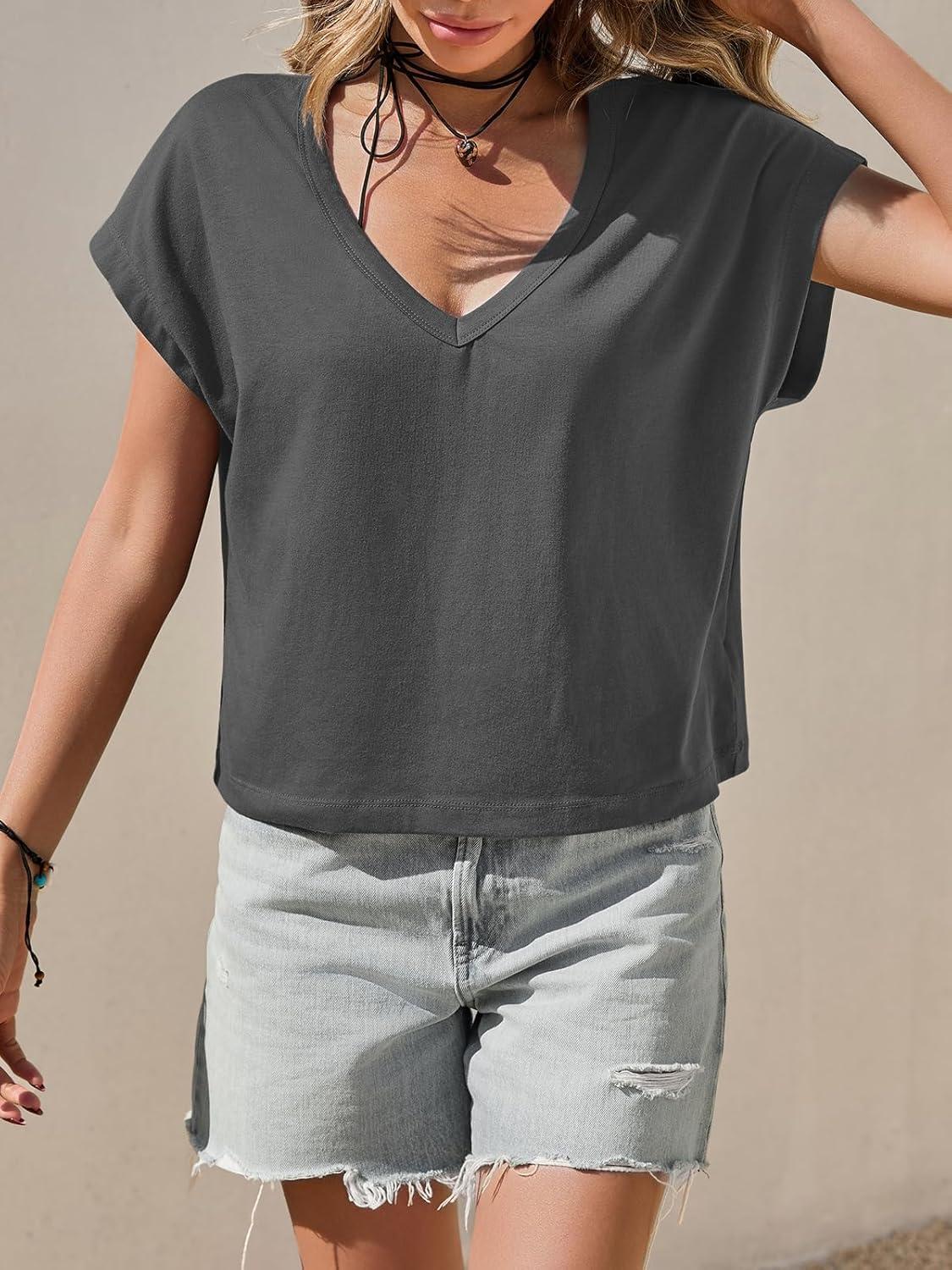 imageTankaneo Womens Cropped Deep V Neck T Shirts Summer Casual Short Cap Sleeve Tops Loose Fit Basic TeeDark Grey