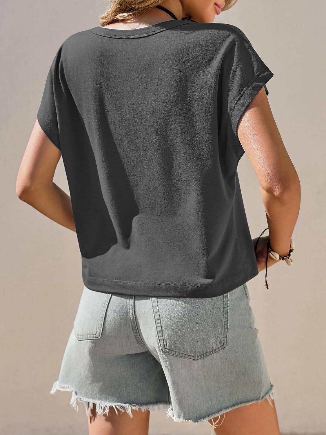 imageTankaneo Womens Cropped Deep V Neck T Shirts Summer Casual Short Cap Sleeve Tops Loose Fit Basic TeeDark Grey