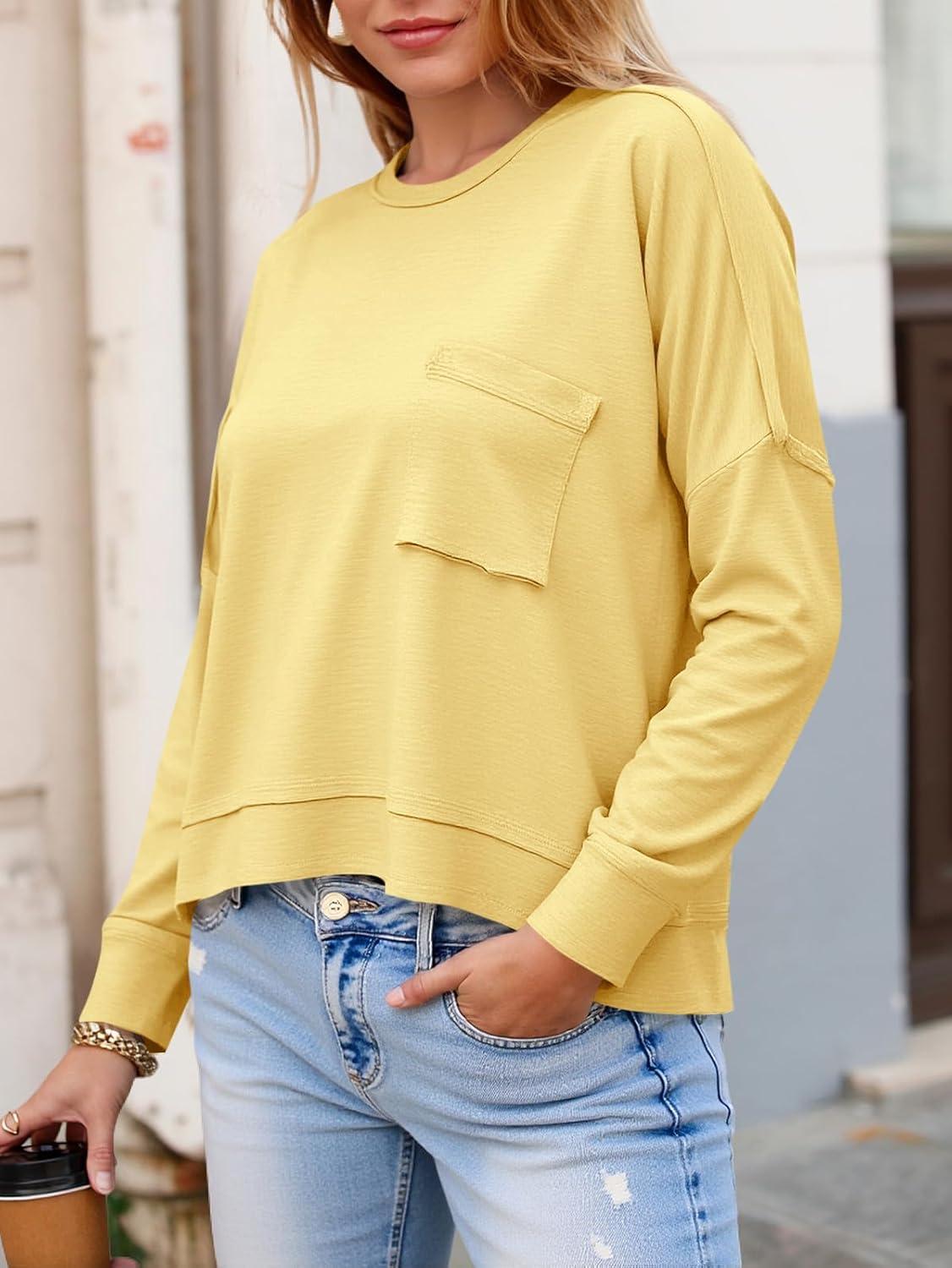 imageTankaneo Womens Cropped Long Sleeve Shirts Trendy Casual Boxy Fall Tops Loose Fit Crew Neck Tees TShirtYellow