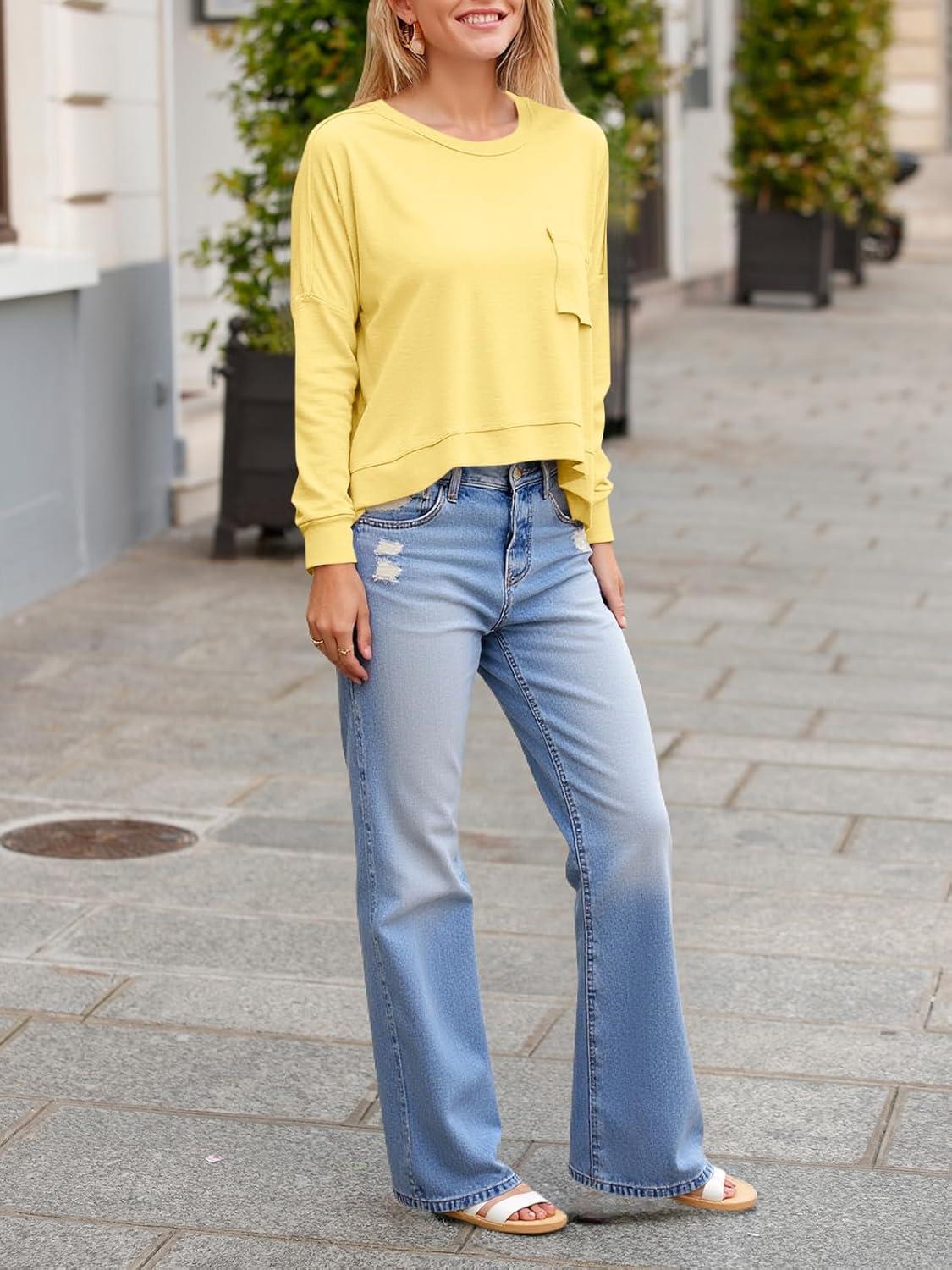 imageTankaneo Womens Cropped Long Sleeve Shirts Trendy Casual Boxy Fall Tops Loose Fit Crew Neck Tees TShirtYellow