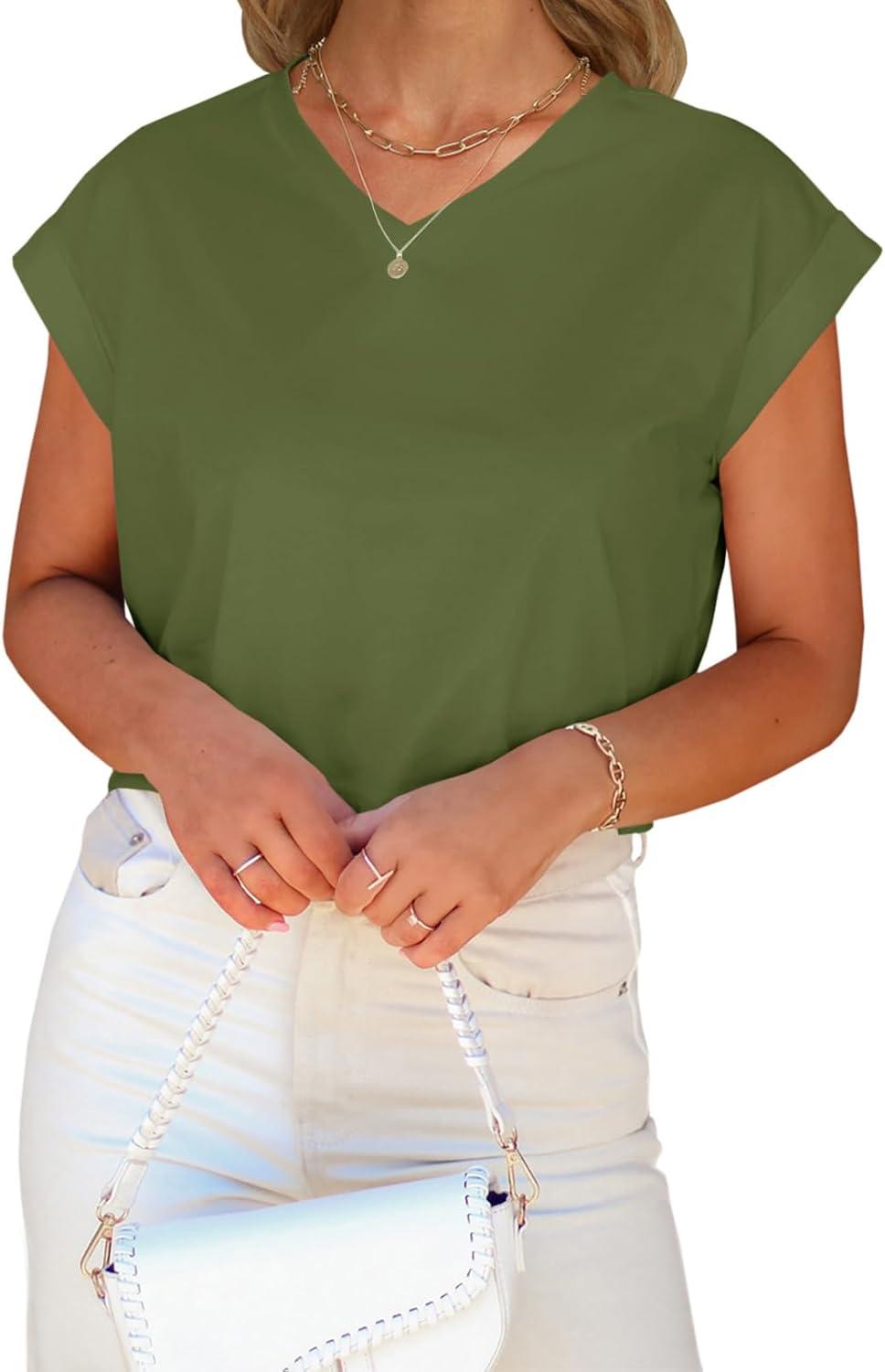 imageTankaneo Womens Cropped Tops V Neck Rolled Cap Short Sleeve TShirts Casual Basic TeesArmy Green