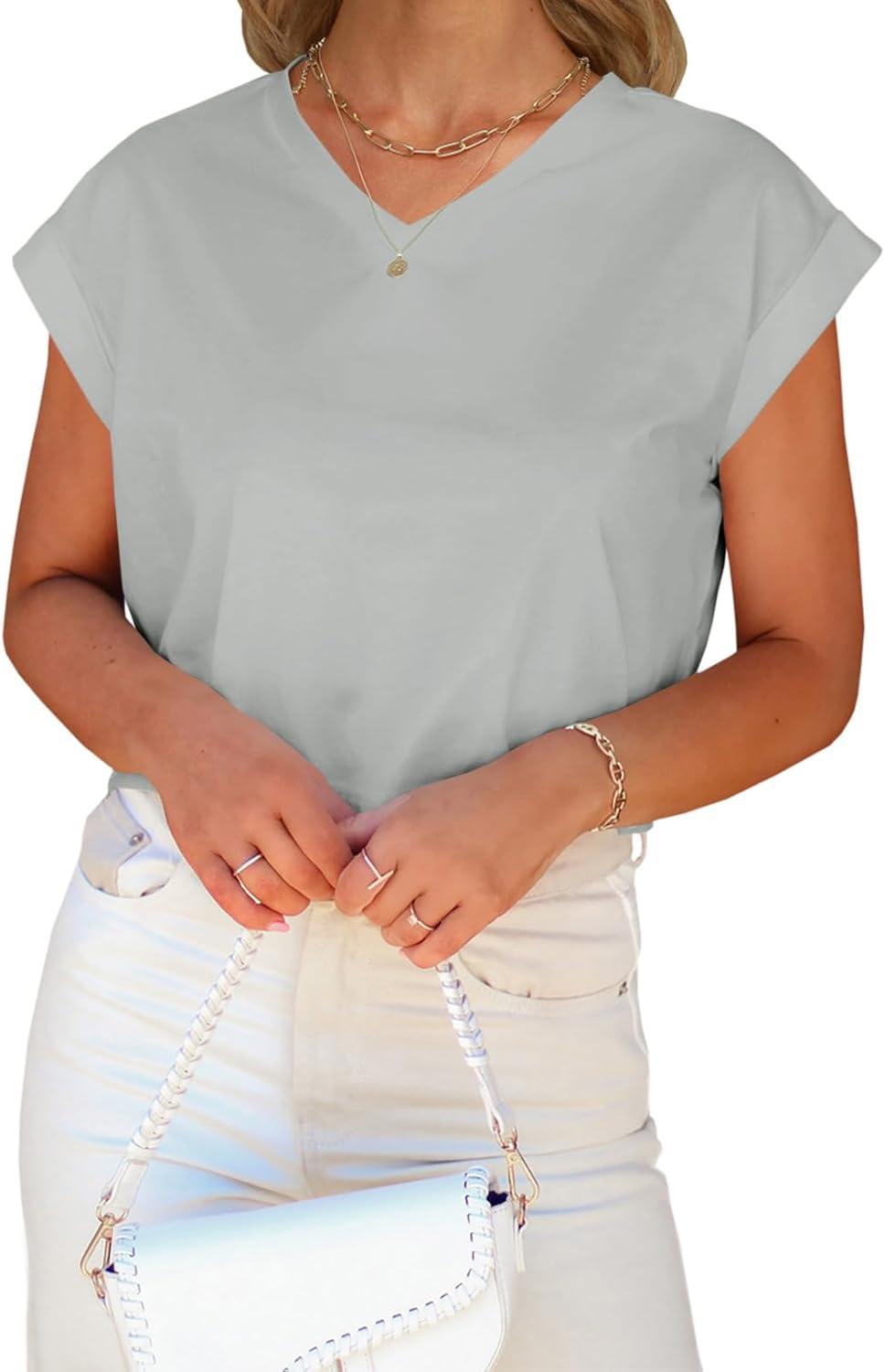 imageTankaneo Womens Cropped Tops V Neck Rolled Cap Short Sleeve TShirts Casual Basic TeesGrey