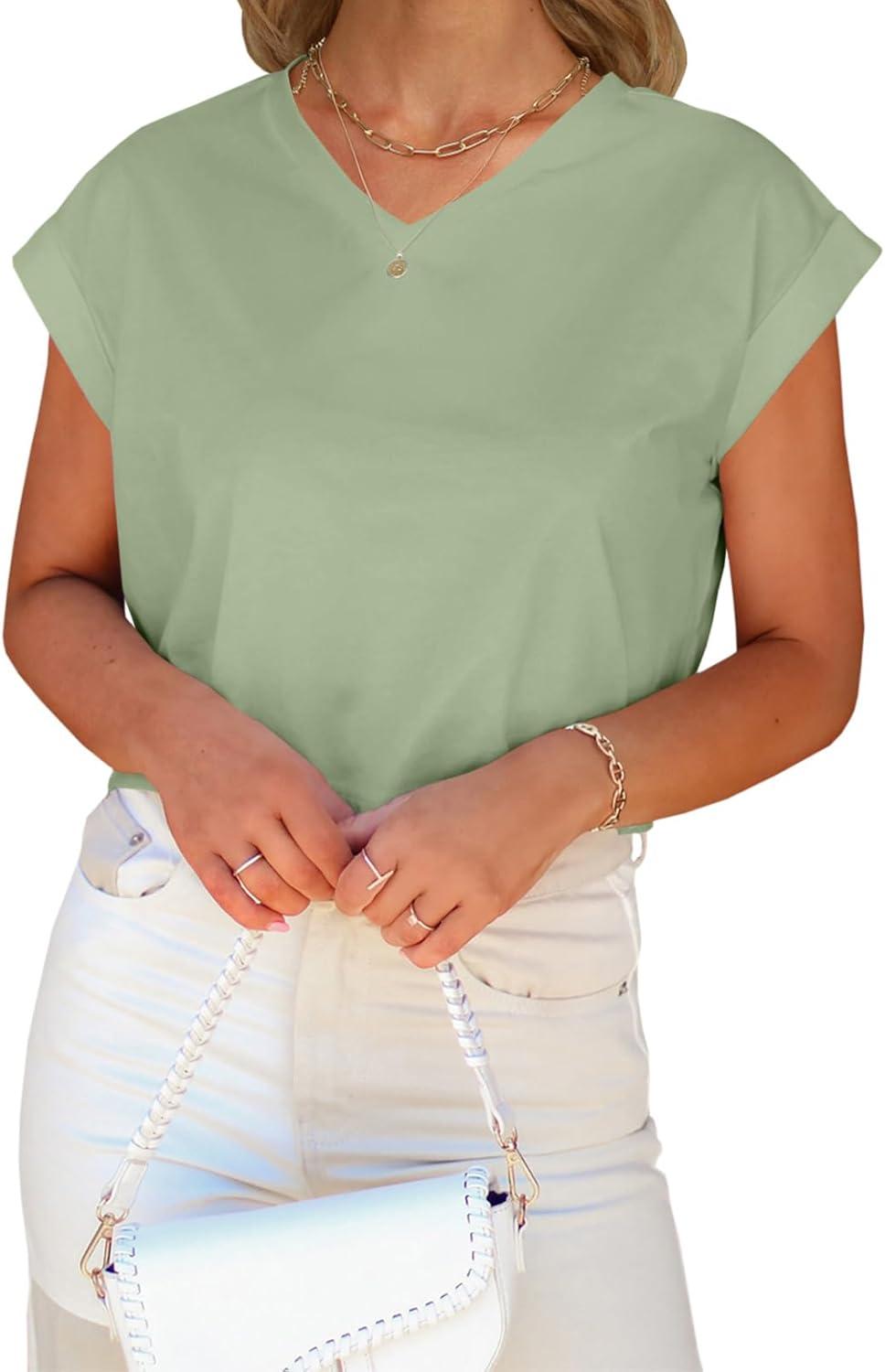 imageTankaneo Womens Cropped Tops V Neck Rolled Cap Short Sleeve TShirts Casual Basic TeesLight Green