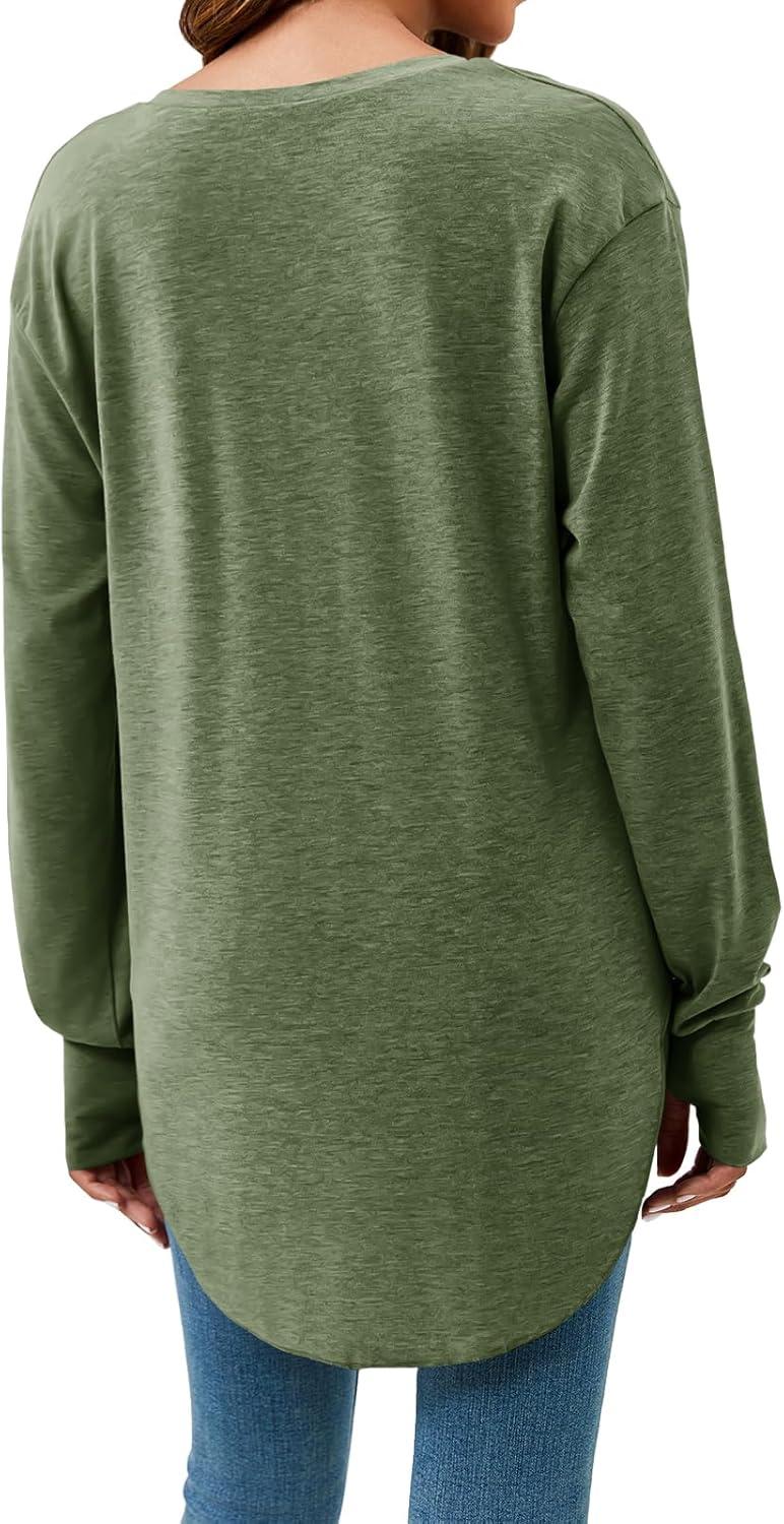 imageTankaneo Womens Deep V Neck Tunic Tops Long Sleeve Oversized Casual Loose Fit Curved Hem T ShirtsArmy Green
