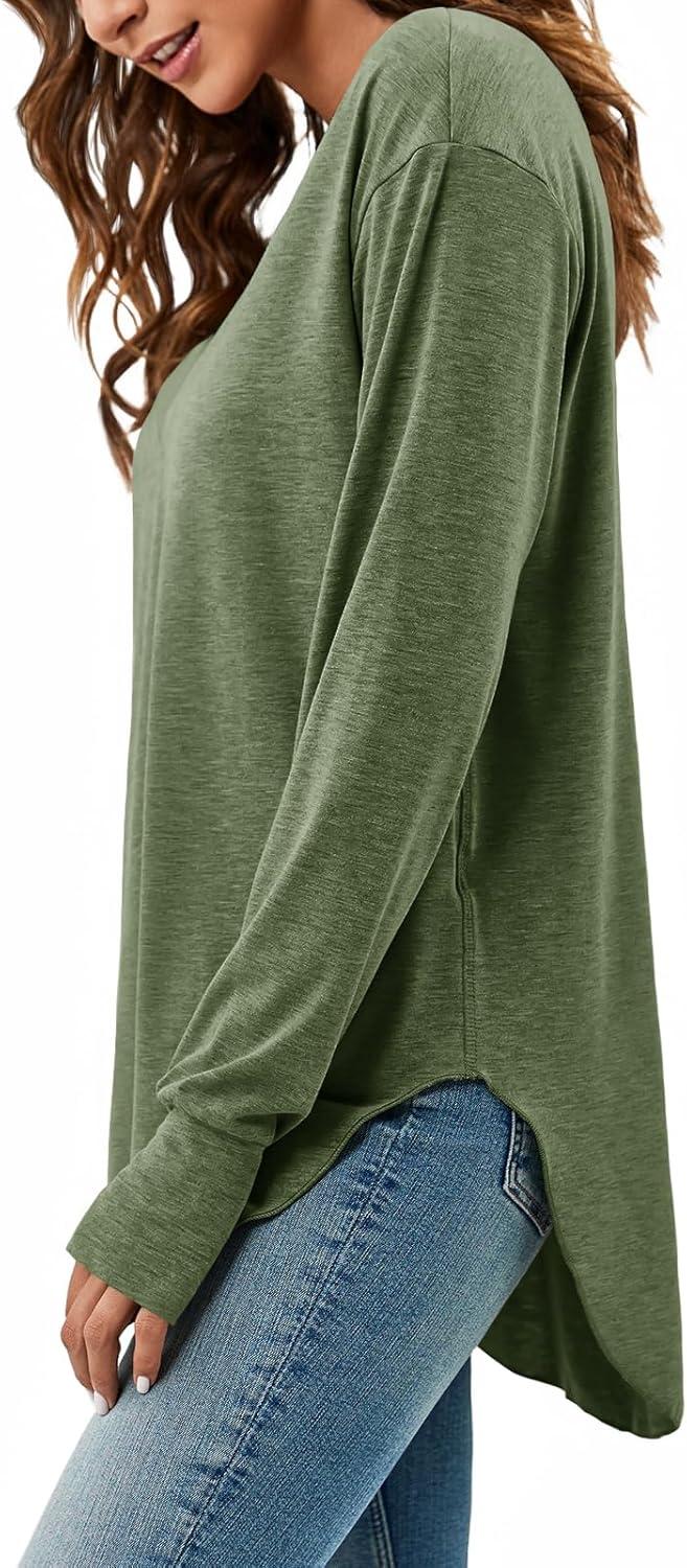 imageTankaneo Womens Deep V Neck Tunic Tops Long Sleeve Oversized Casual Loose Fit Curved Hem T ShirtsArmy Green