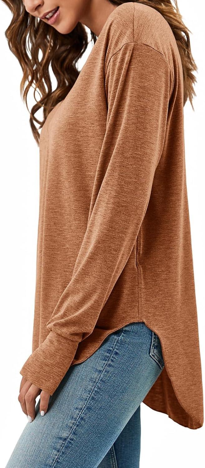 imageTankaneo Womens Deep V Neck Tunic Tops Long Sleeve Oversized Casual Loose Fit Curved Hem T ShirtsBrown