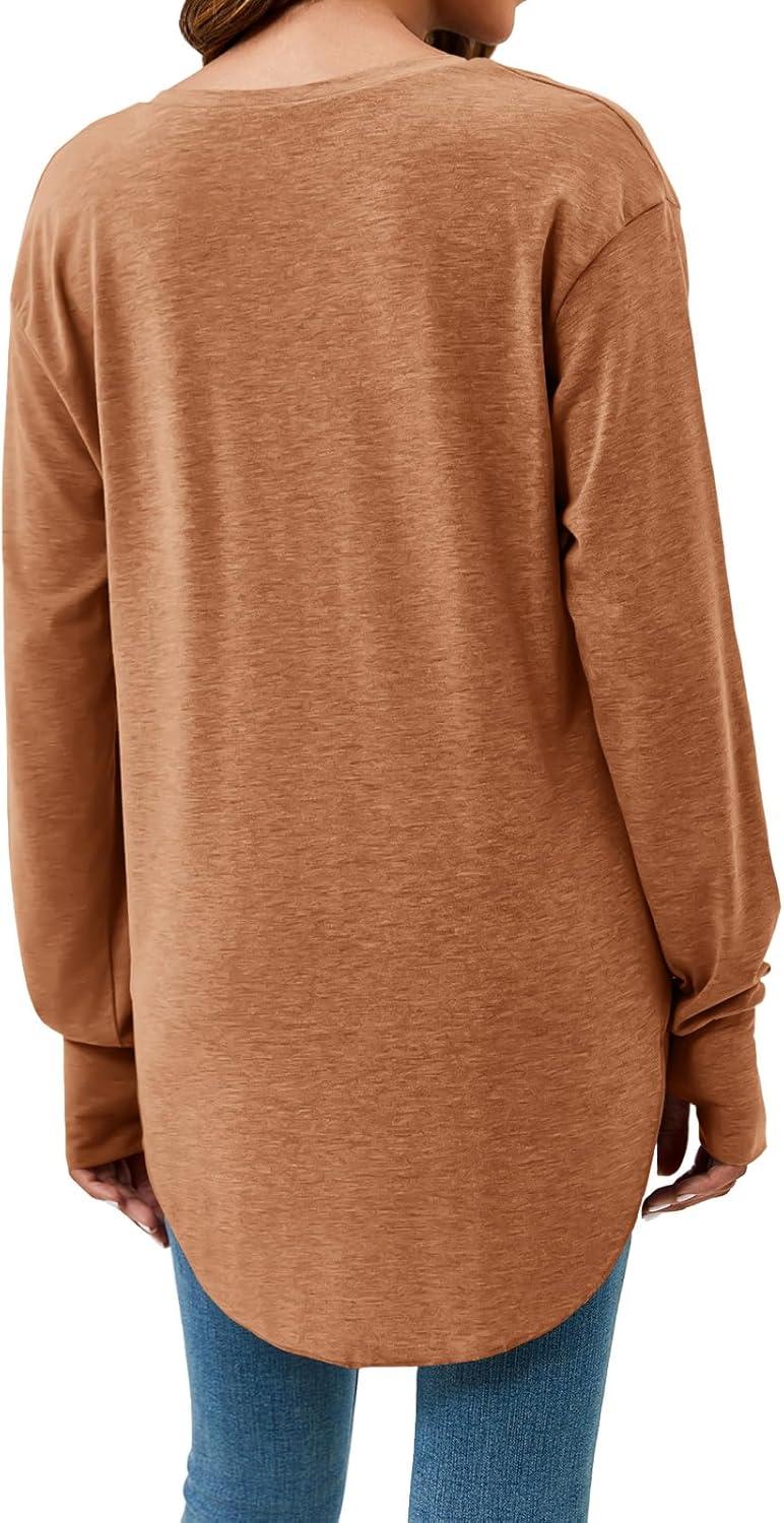 imageTankaneo Womens Deep V Neck Tunic Tops Long Sleeve Oversized Casual Loose Fit Curved Hem T ShirtsBrown