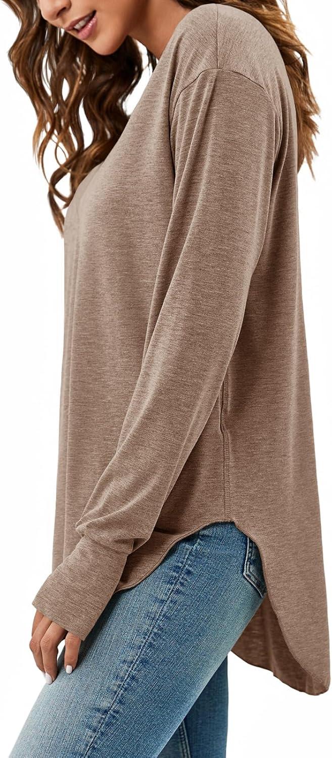 imageTankaneo Womens Deep V Neck Tunic Tops Long Sleeve Oversized Casual Loose Fit Curved Hem T ShirtsCoffee