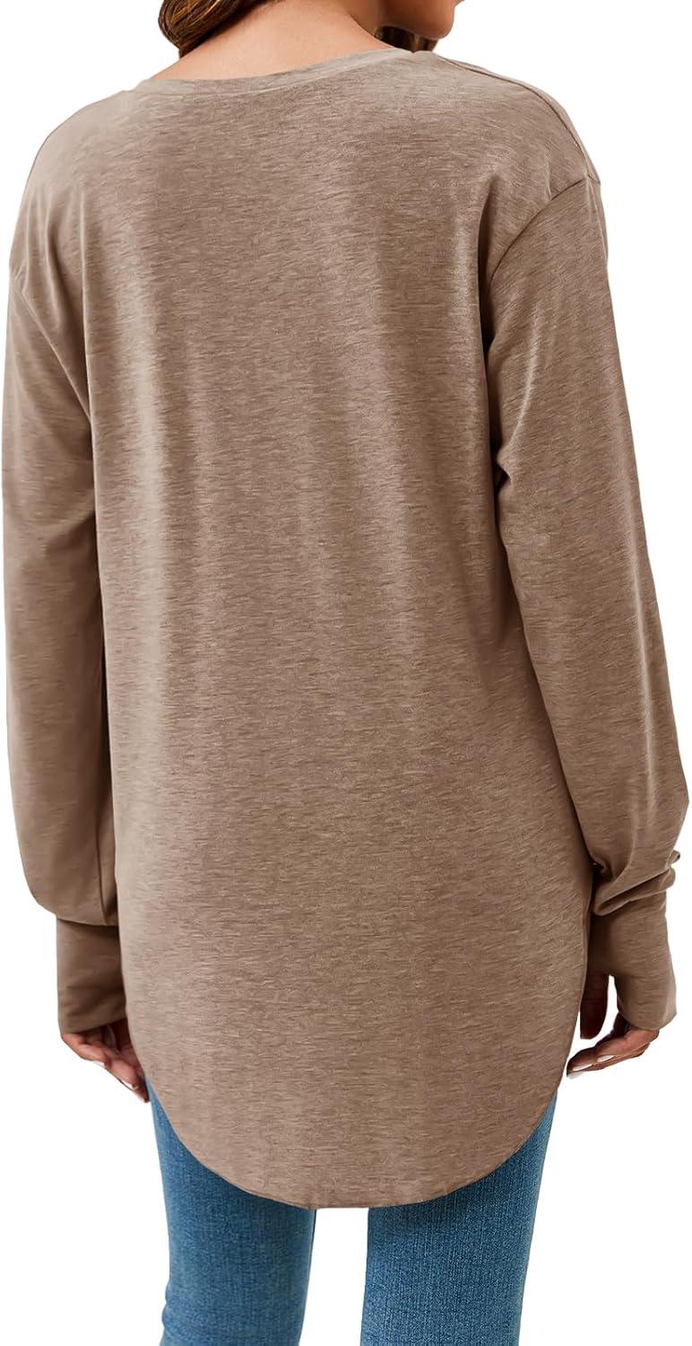 imageTankaneo Womens Deep V Neck Tunic Tops Long Sleeve Oversized Casual Loose Fit Curved Hem T ShirtsCoffee