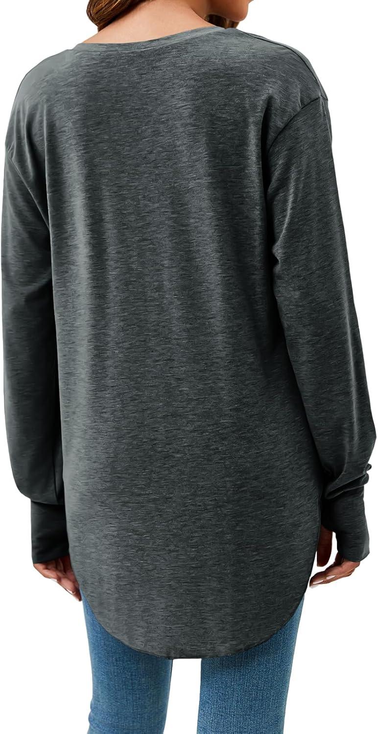 imageTankaneo Womens Deep V Neck Tunic Tops Long Sleeve Oversized Casual Loose Fit Curved Hem T ShirtsDark Grey
